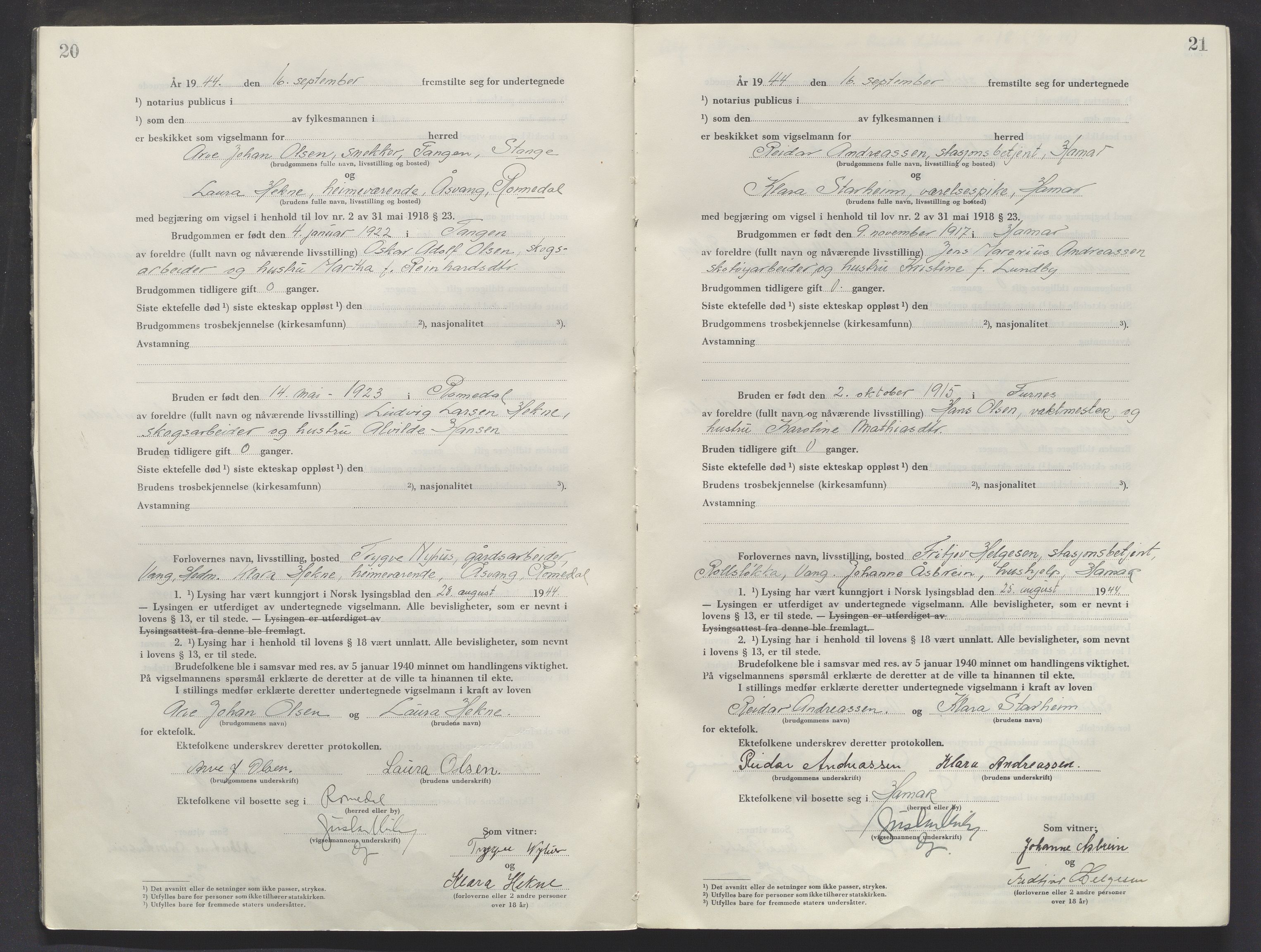 Sør-Hedmark sorenskriveri, AV/SAH-TING-014/L/Le/L0002/0001: Vigselsbøker / Vigselbok, 1944-1945, p. 20-21