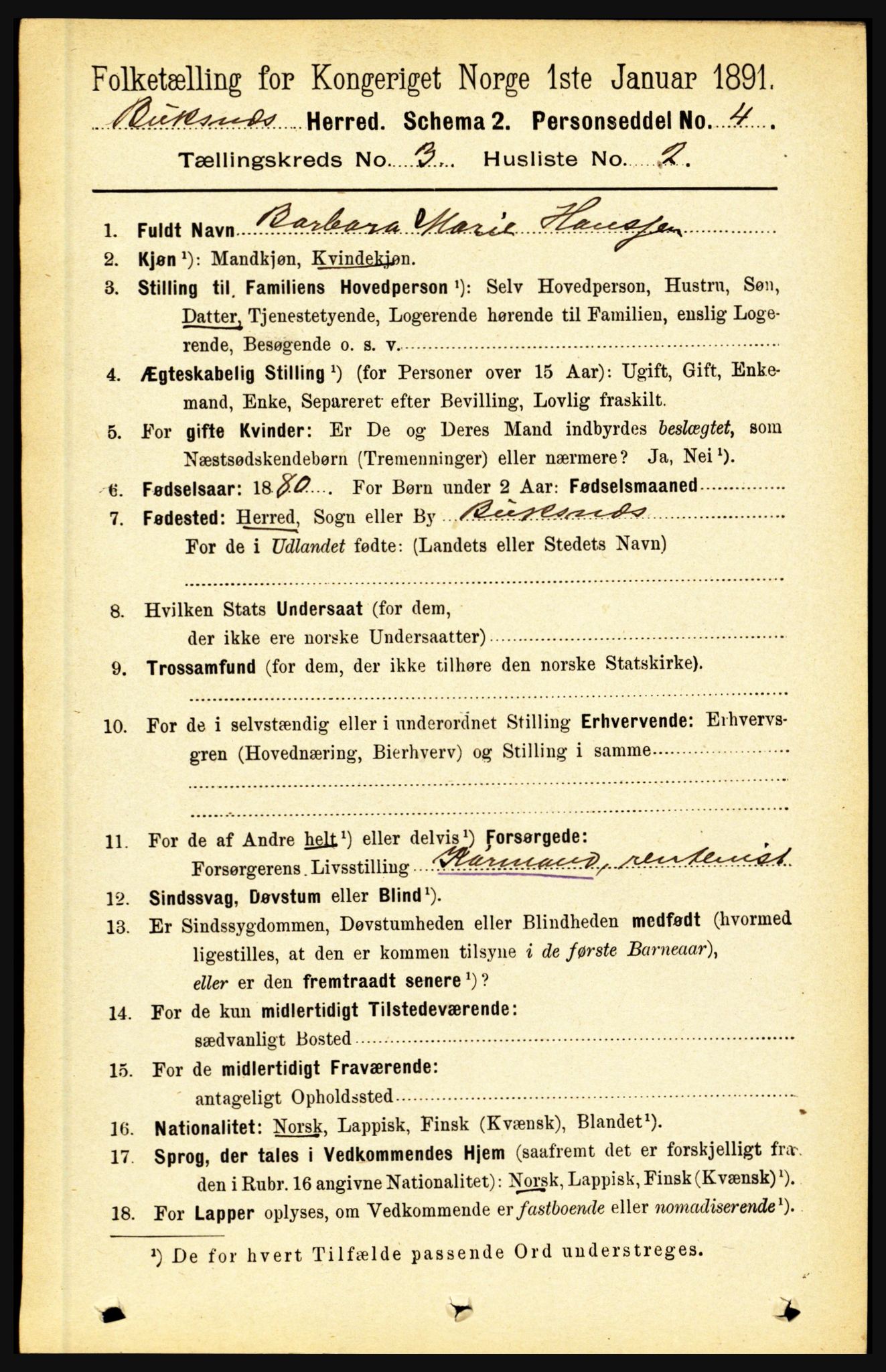 RA, 1891 census for 1860 Buksnes, 1891, p. 2214