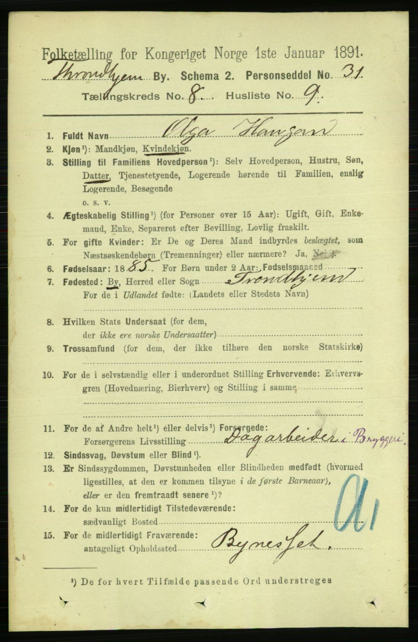 RA, 1891 census for 1601 Trondheim, 1891, p. 6887