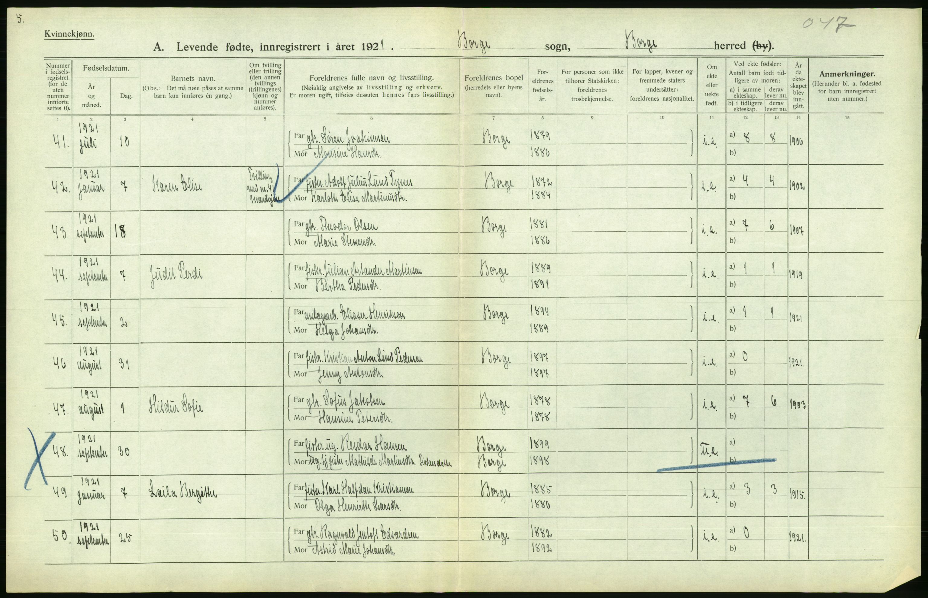 Statistisk sentralbyrå, Sosiodemografiske emner, Befolkning, AV/RA-S-2228/D/Df/Dfc/Dfca/L0049: Nordland fylke: Levendefødte menn og kvinner. Bygder., 1921, p. 332