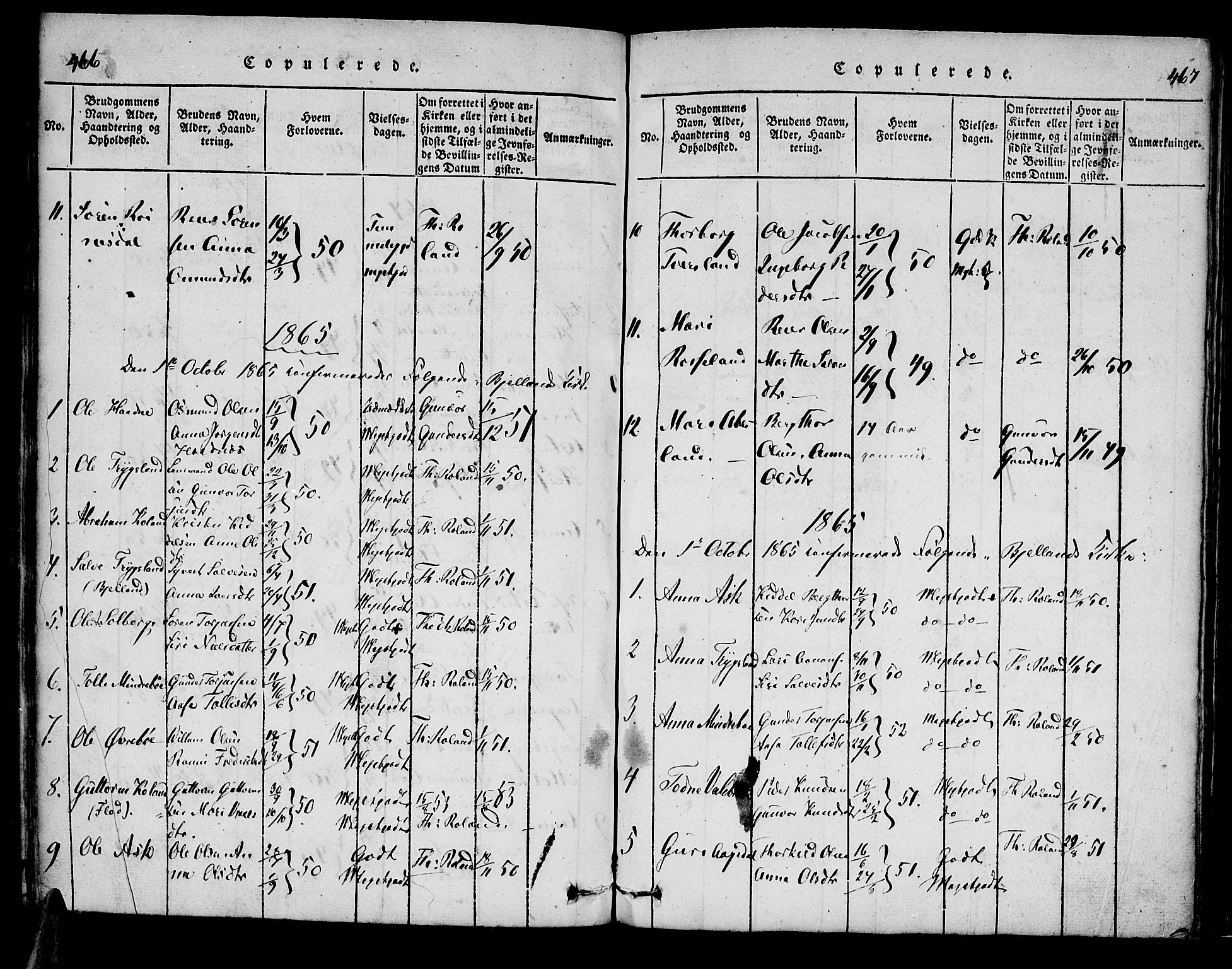 Bjelland sokneprestkontor, SAK/1111-0005/F/Fa/Faa/L0002: Parish register (official) no. A 2, 1816-1866, p. 466-467