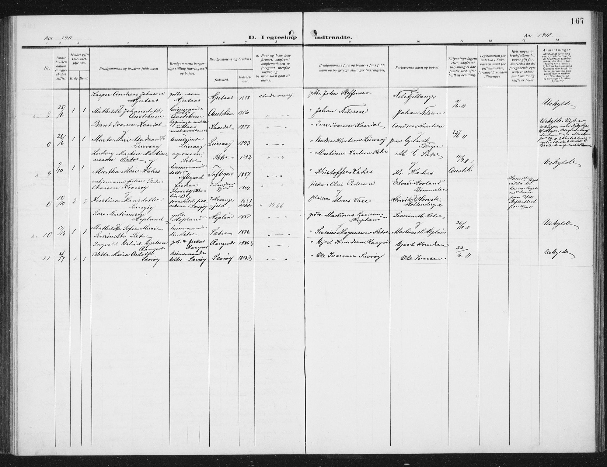 Lindås Sokneprestembete, SAB/A-76701/H/Hab: Parish register (copy) no. C 5, 1910-1927, p. 167