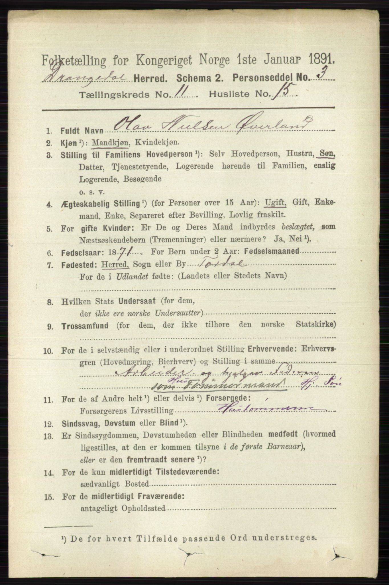 RA, 1891 census for 0817 Drangedal, 1891, p. 3990