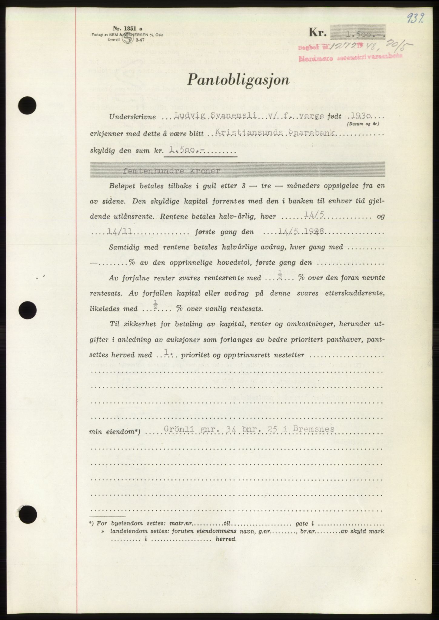 Nordmøre sorenskriveri, AV/SAT-A-4132/1/2/2Ca: Mortgage book no. B98, 1948-1948, Diary no: : 1272/1948