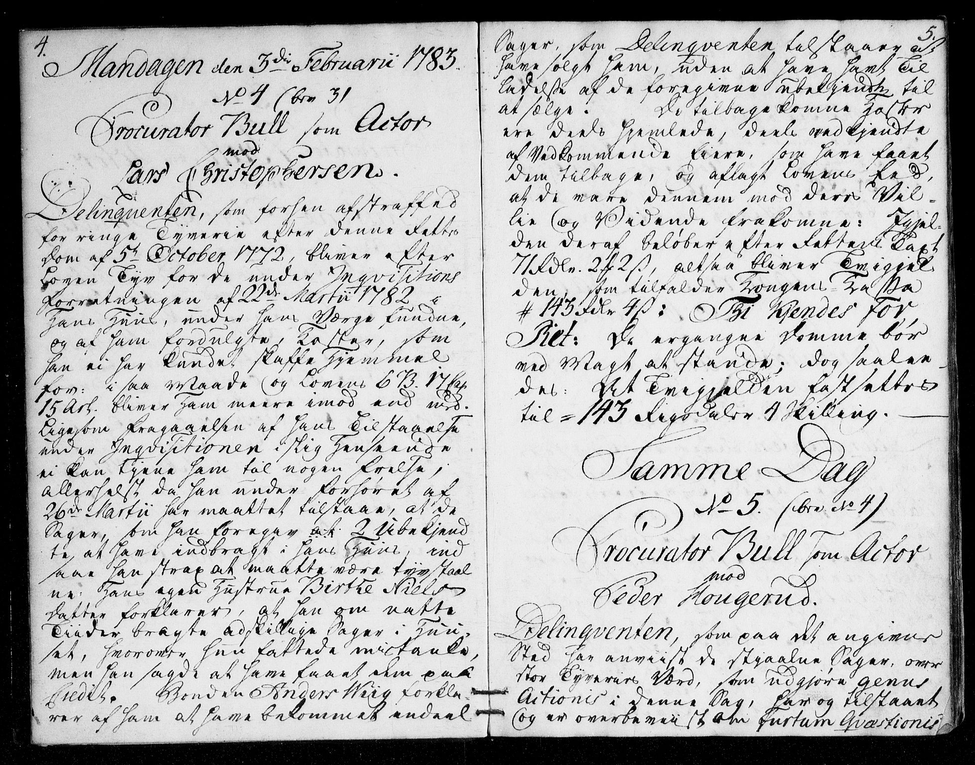 Overhoffretten 1667-1797, AV/RA-EA-2884/Ab/L0113: Domsprotokoll, 1783, p. 4-5