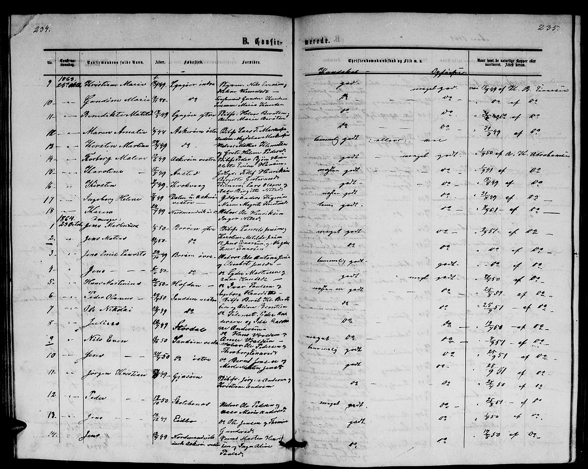 Dypvåg sokneprestkontor, SAK/1111-0007/F/Fb/Fba/L0011: Parish register (copy) no. B 11, 1857-1872, p. 234-235