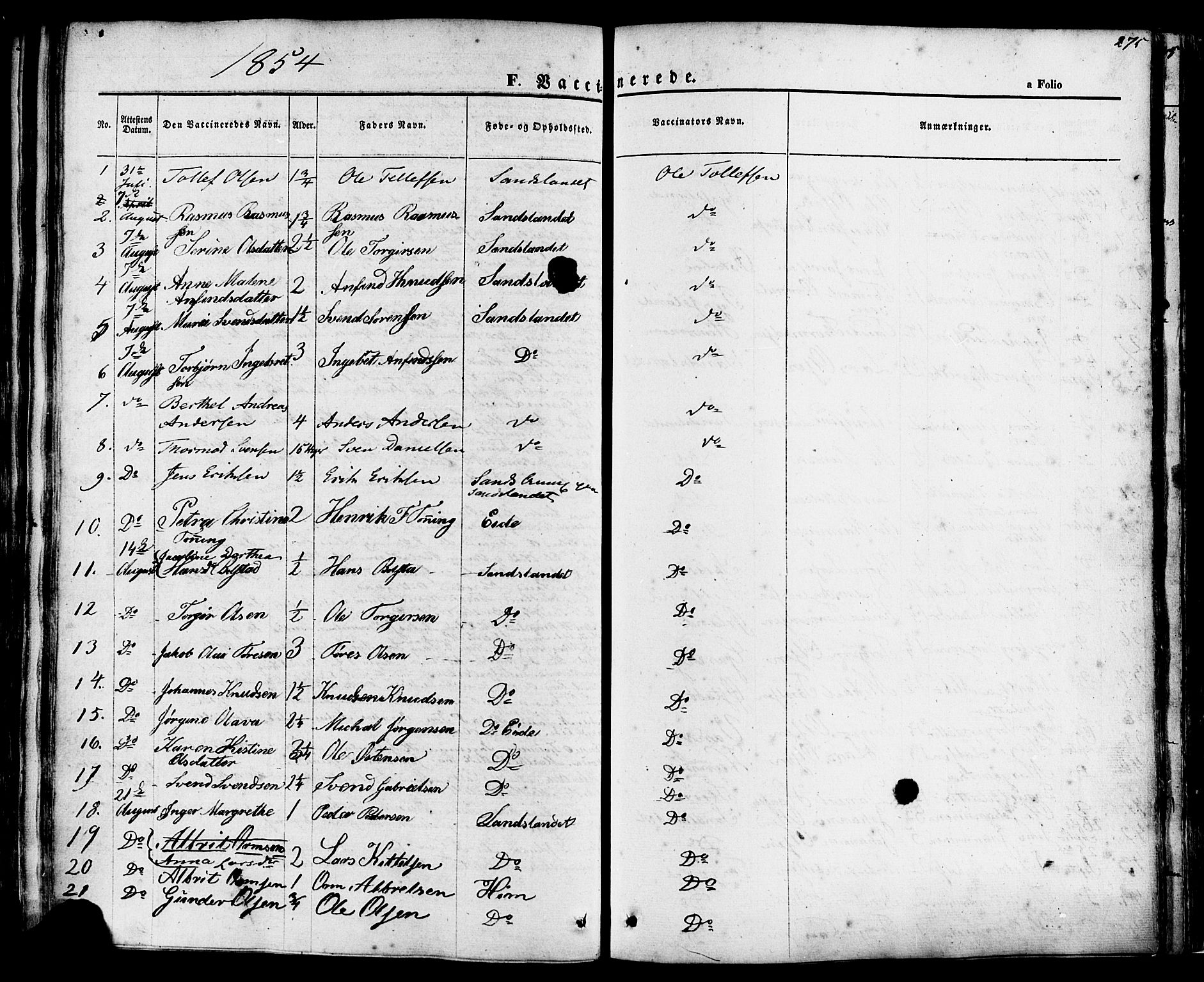 Sand sokneprestkontor, AV/SAST-A-101848/01/III/L0003: Parish register (official) no. A 3, 1854-1879, p. 275