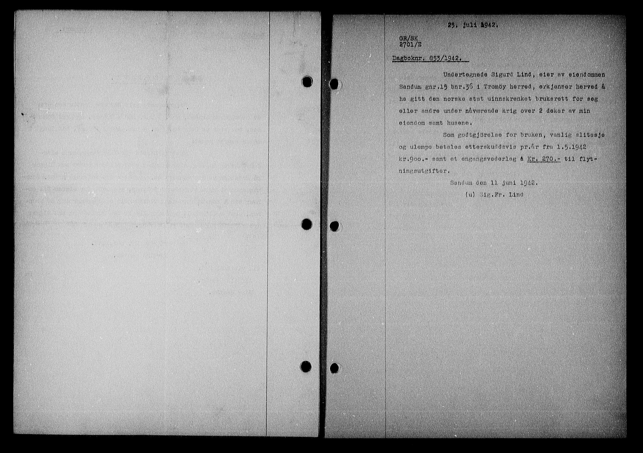 Nedenes sorenskriveri, SAK/1221-0006/G/Gb/Gba/L0049: Mortgage book no. A-III, 1941-1942, Diary no: : 853/1942