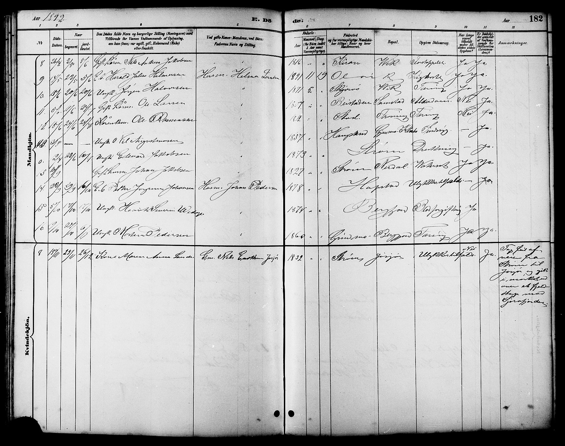 Ministerialprotokoller, klokkerbøker og fødselsregistre - Sør-Trøndelag, SAT/A-1456/657/L0716: Parish register (copy) no. 657C03, 1889-1904, p. 182