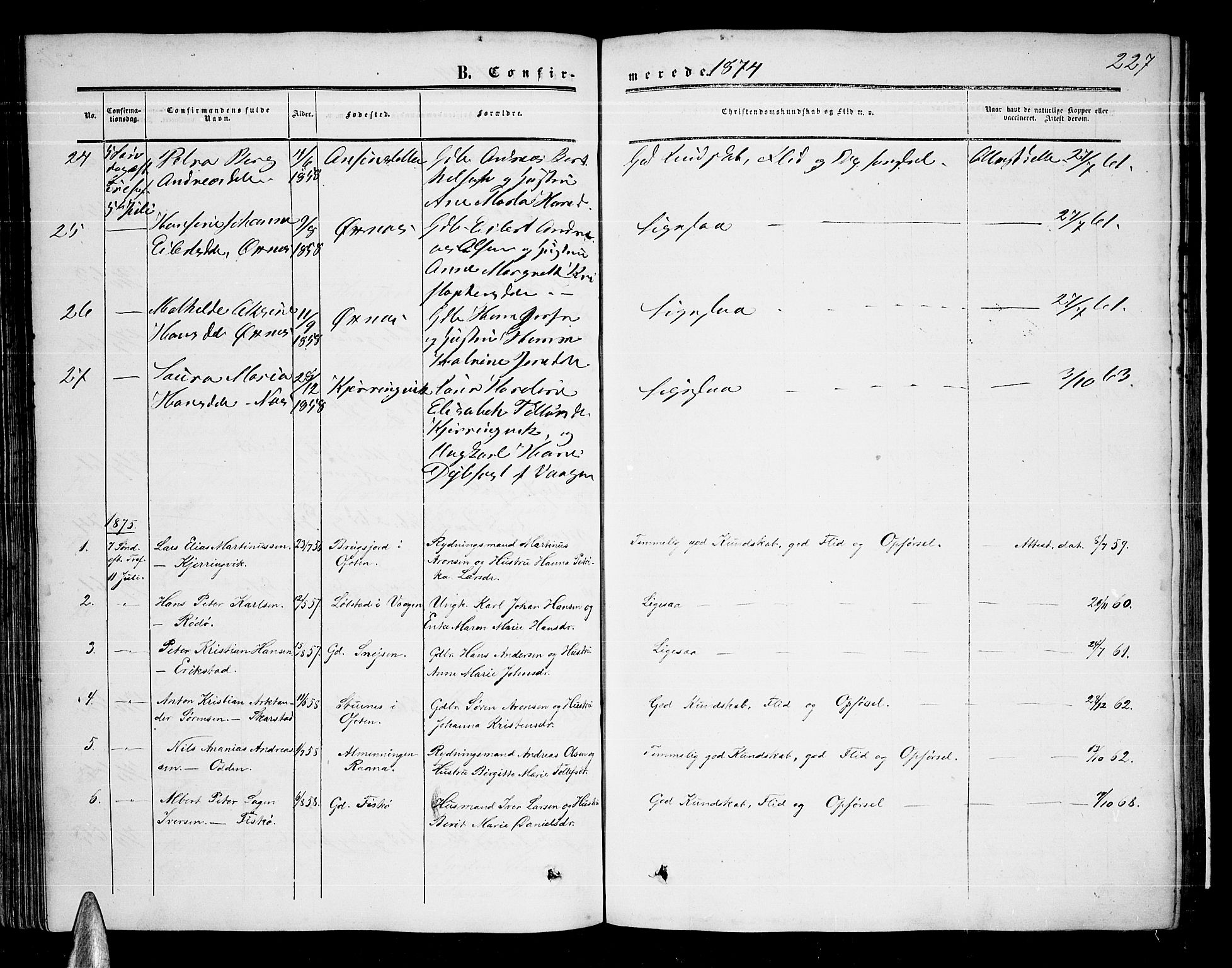 Ministerialprotokoller, klokkerbøker og fødselsregistre - Nordland, AV/SAT-A-1459/872/L1046: Parish register (copy) no. 872C02, 1852-1879, p. 227