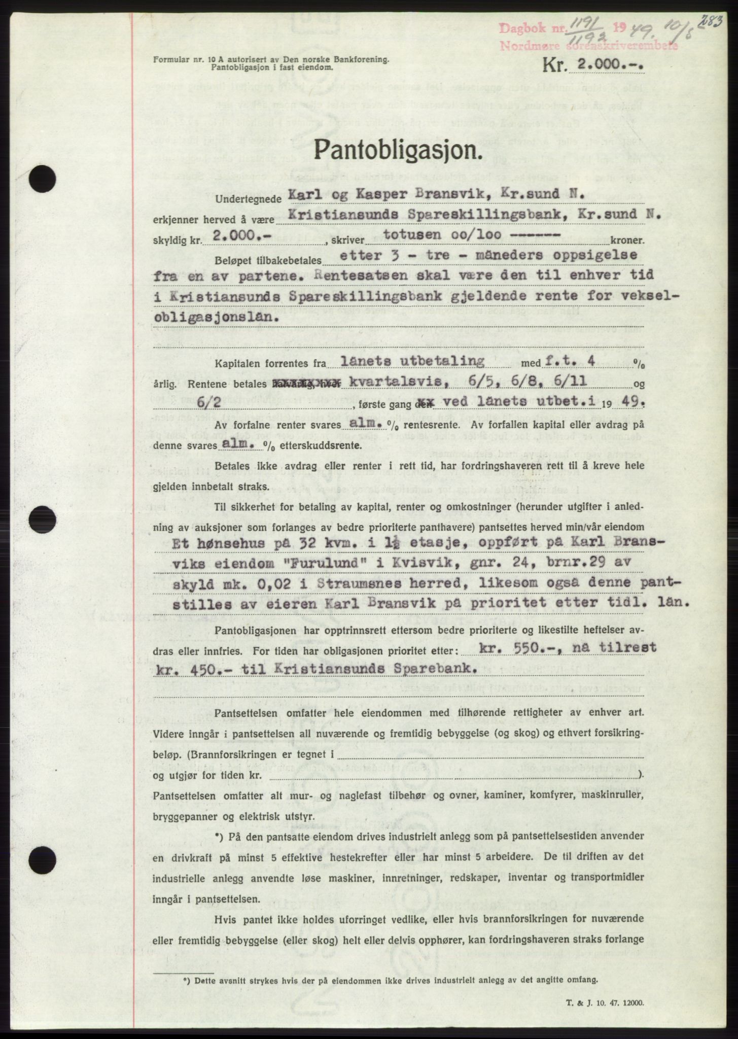 Nordmøre sorenskriveri, AV/SAT-A-4132/1/2/2Ca: Mortgage book no. B101, 1949-1949, Diary no: : 1191/1949