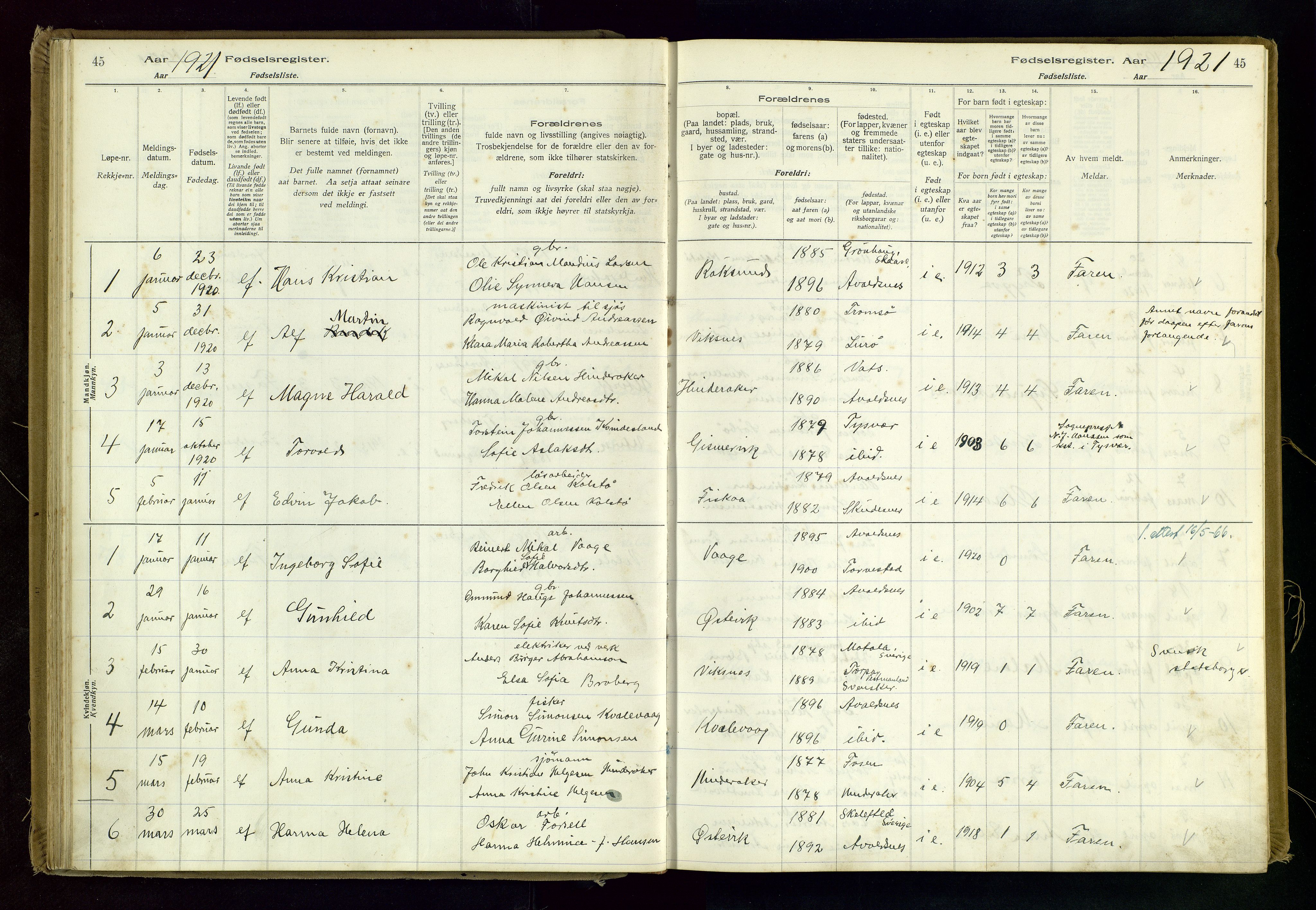 Avaldsnes sokneprestkontor, SAST/A -101851/I/Id/L0001: Birth register no. 1, 1916-1946, p. 45