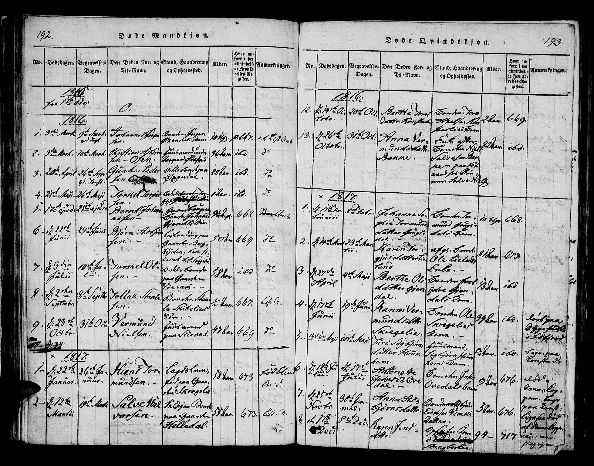 Bakke sokneprestkontor, SAK/1111-0002/F/Fa/Faa/L0003: Parish register (official) no. A 3, 1815-1835, p. 192-193