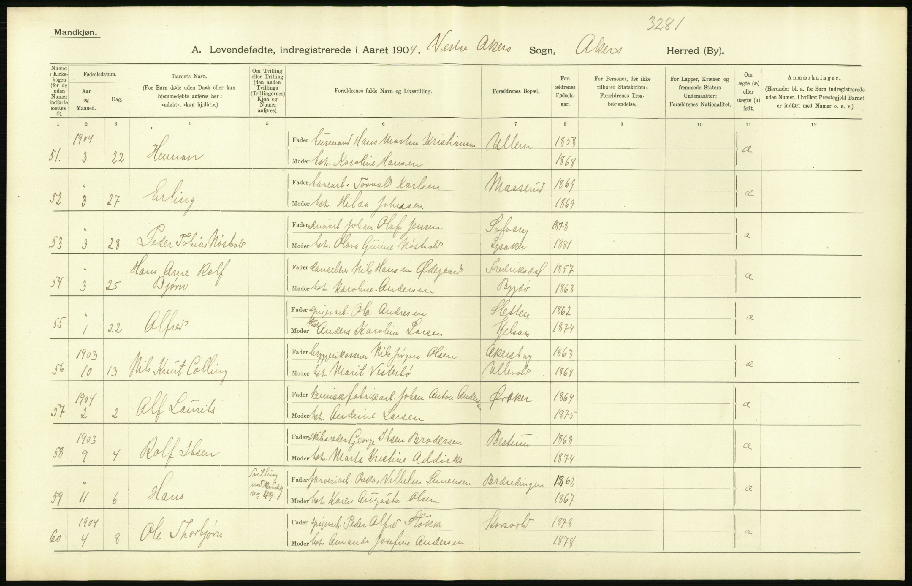 Statistisk sentralbyrå, Sosiodemografiske emner, Befolkning, AV/RA-S-2228/D/Df/Dfa/Dfab/L0002: Akershus amt: Fødte, gifte, døde, 1904, p. 418