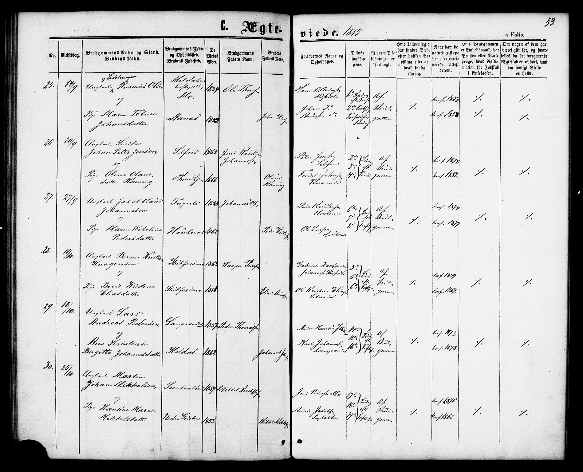 Ministerialprotokoller, klokkerbøker og fødselsregistre - Nordland, AV/SAT-A-1459/827/L0395: Parish register (official) no. 827A07, 1864-1886, p. 53