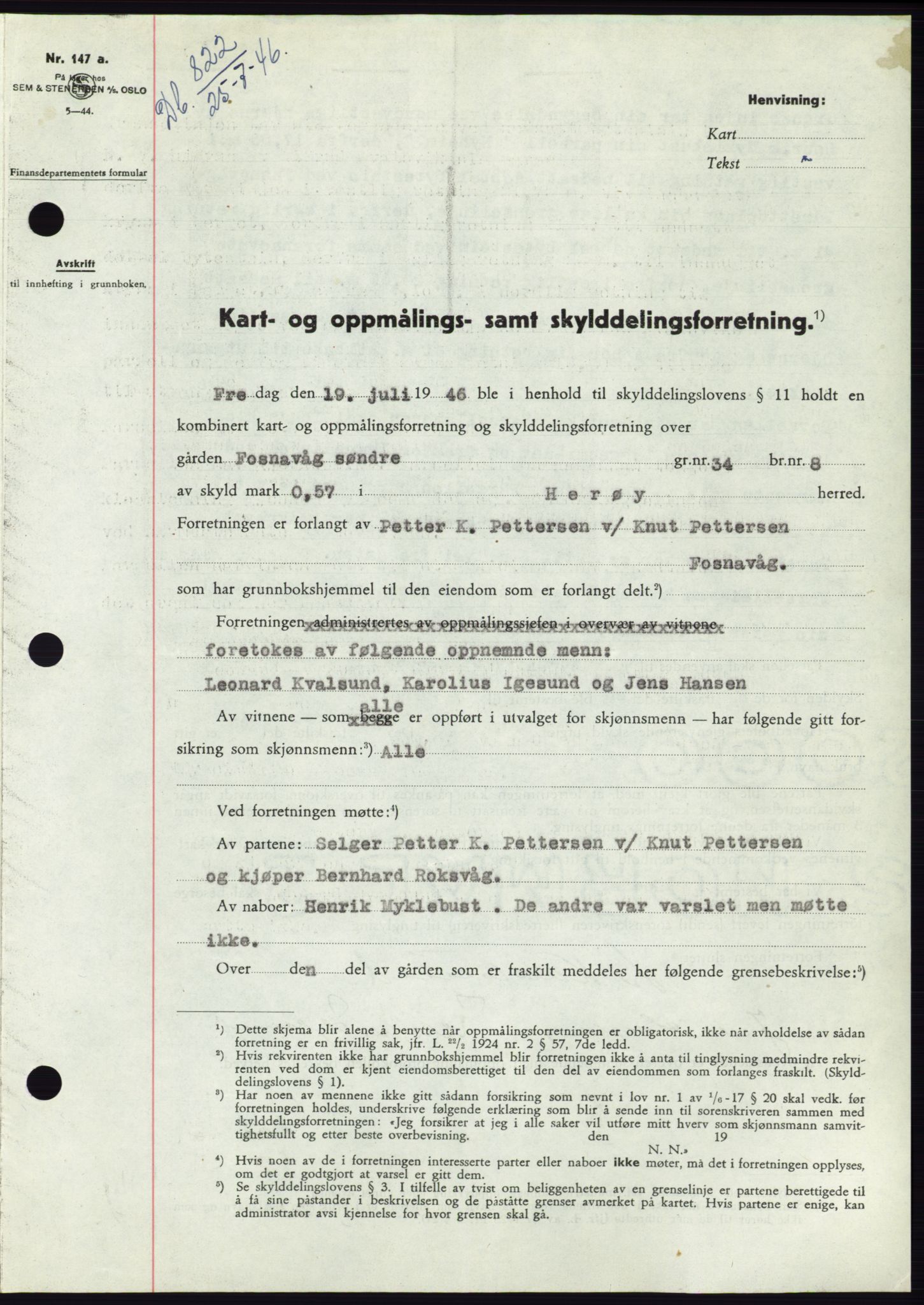 Søre Sunnmøre sorenskriveri, AV/SAT-A-4122/1/2/2C/L0078: Mortgage book no. 4A, 1946-1946, Diary no: : 822/1946