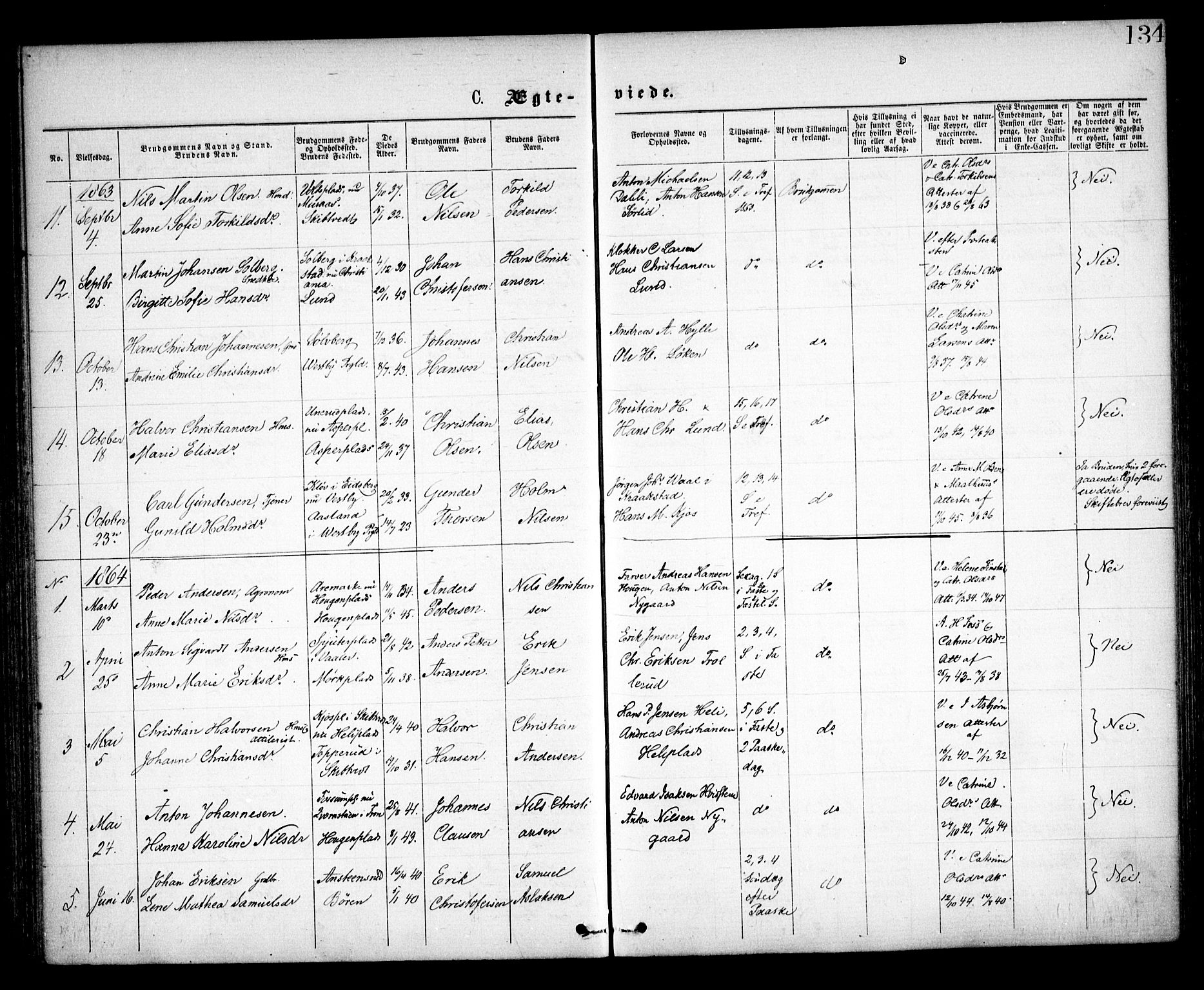 Spydeberg prestekontor Kirkebøker, SAO/A-10924/F/Fa/L0006: Parish register (official) no. I 6, 1863-1874, p. 134
