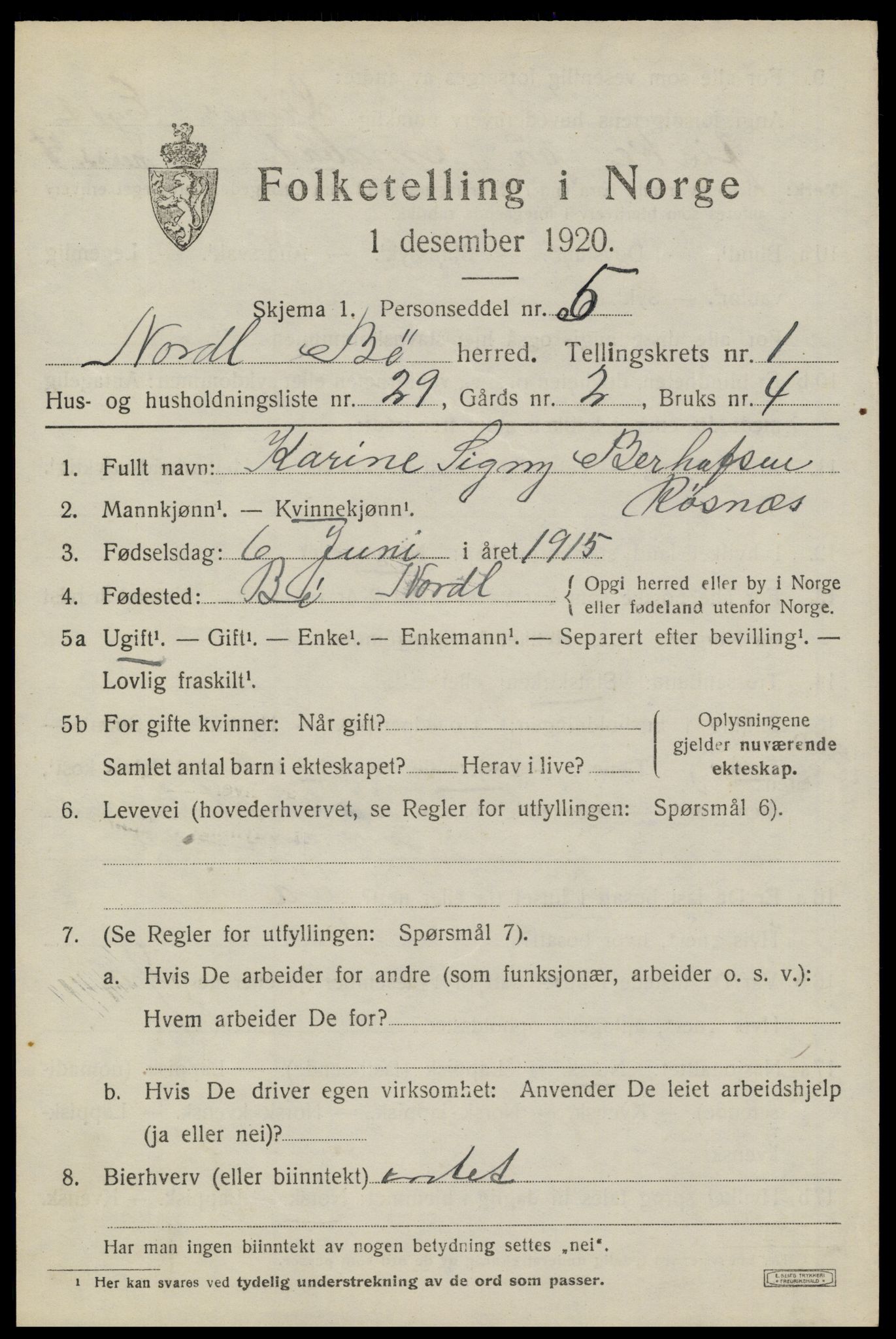 SAT, 1920 census for Bø, 1920, p. 1898