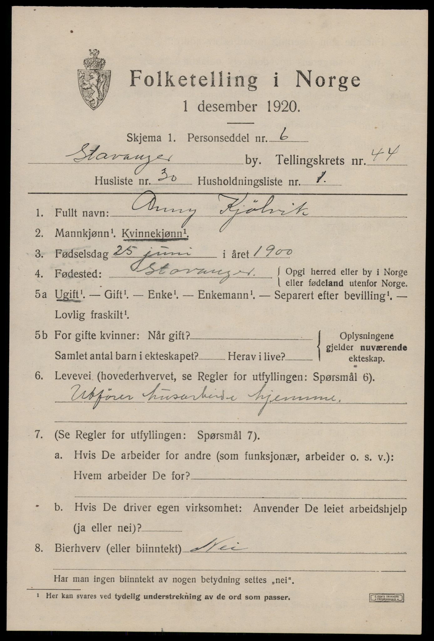 SAST, 1920 census for Stavanger, 1920, p. 108866