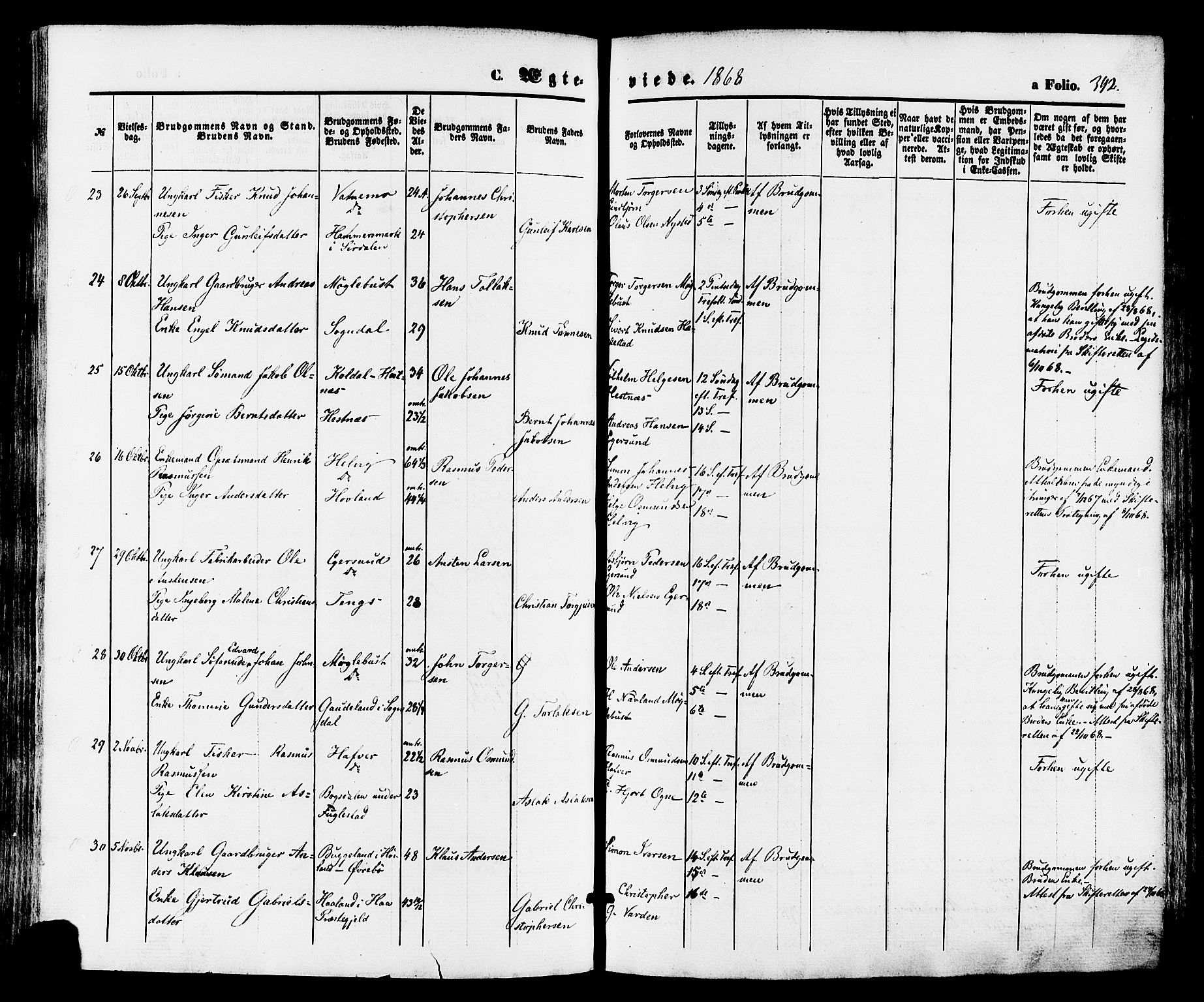 Eigersund sokneprestkontor, AV/SAST-A-101807/S08/L0014: Parish register (official) no. A 13, 1866-1878, p. 392