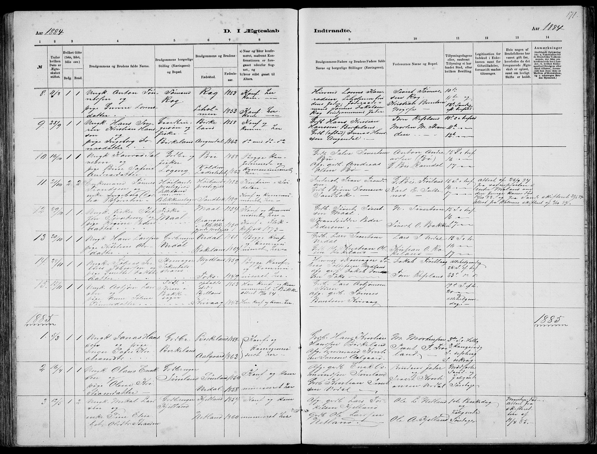 Sokndal sokneprestkontor, AV/SAST-A-101808: Parish register (copy) no. B 4, 1880-1891, p. 171