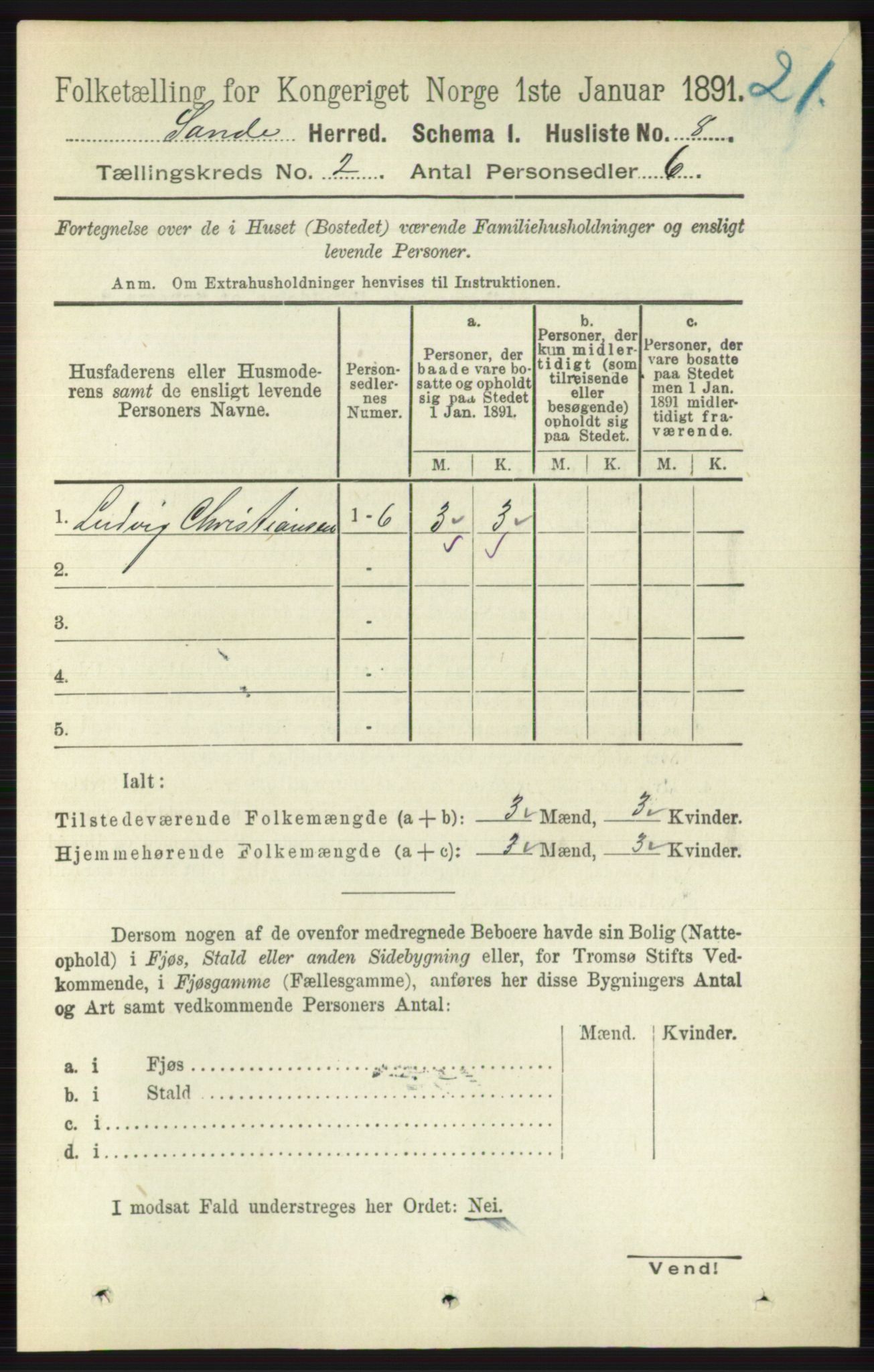 RA, 1891 census for 0713 Sande, 1891, p. 476