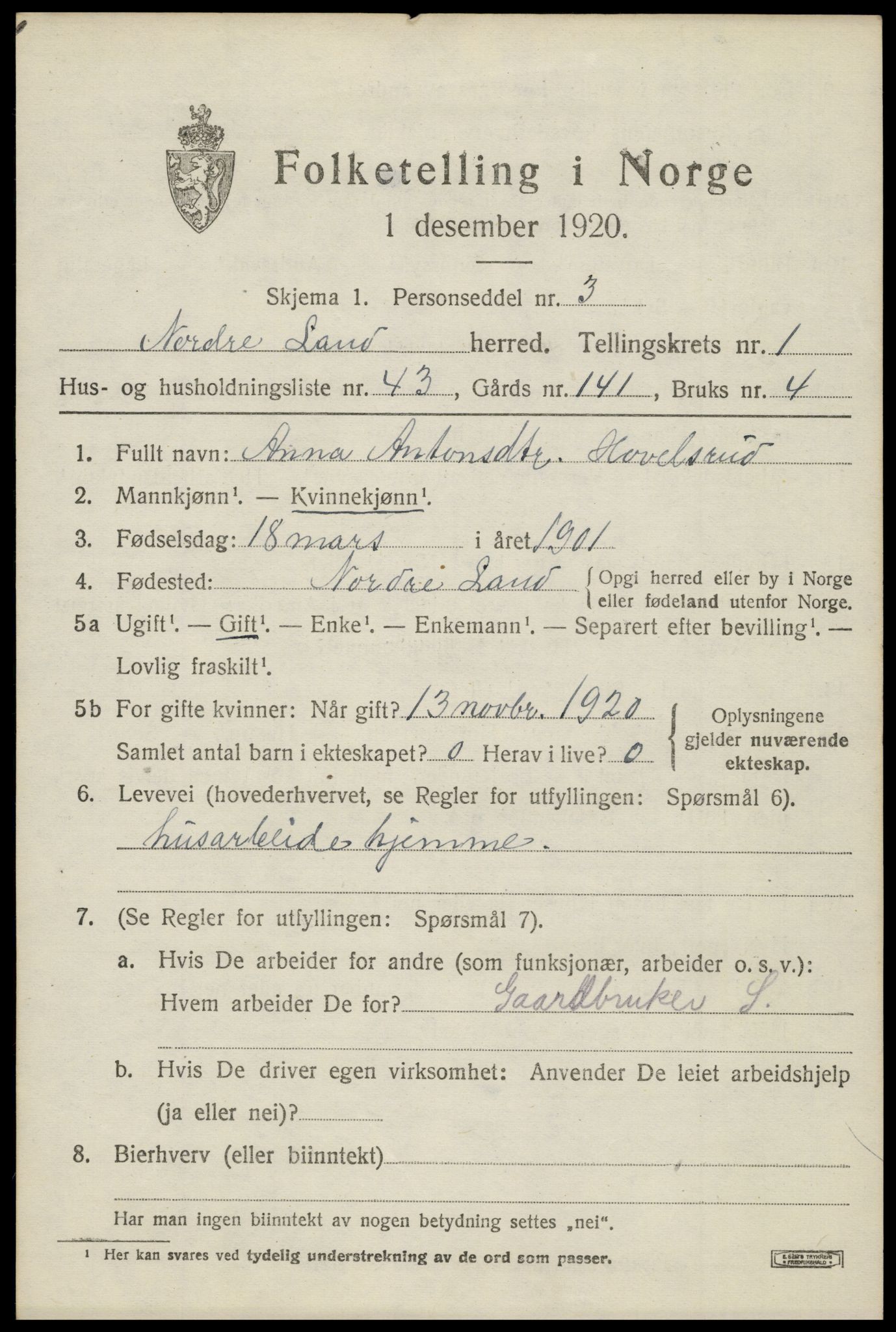 SAH, 1920 census for Nordre Land, 1920, p. 1590