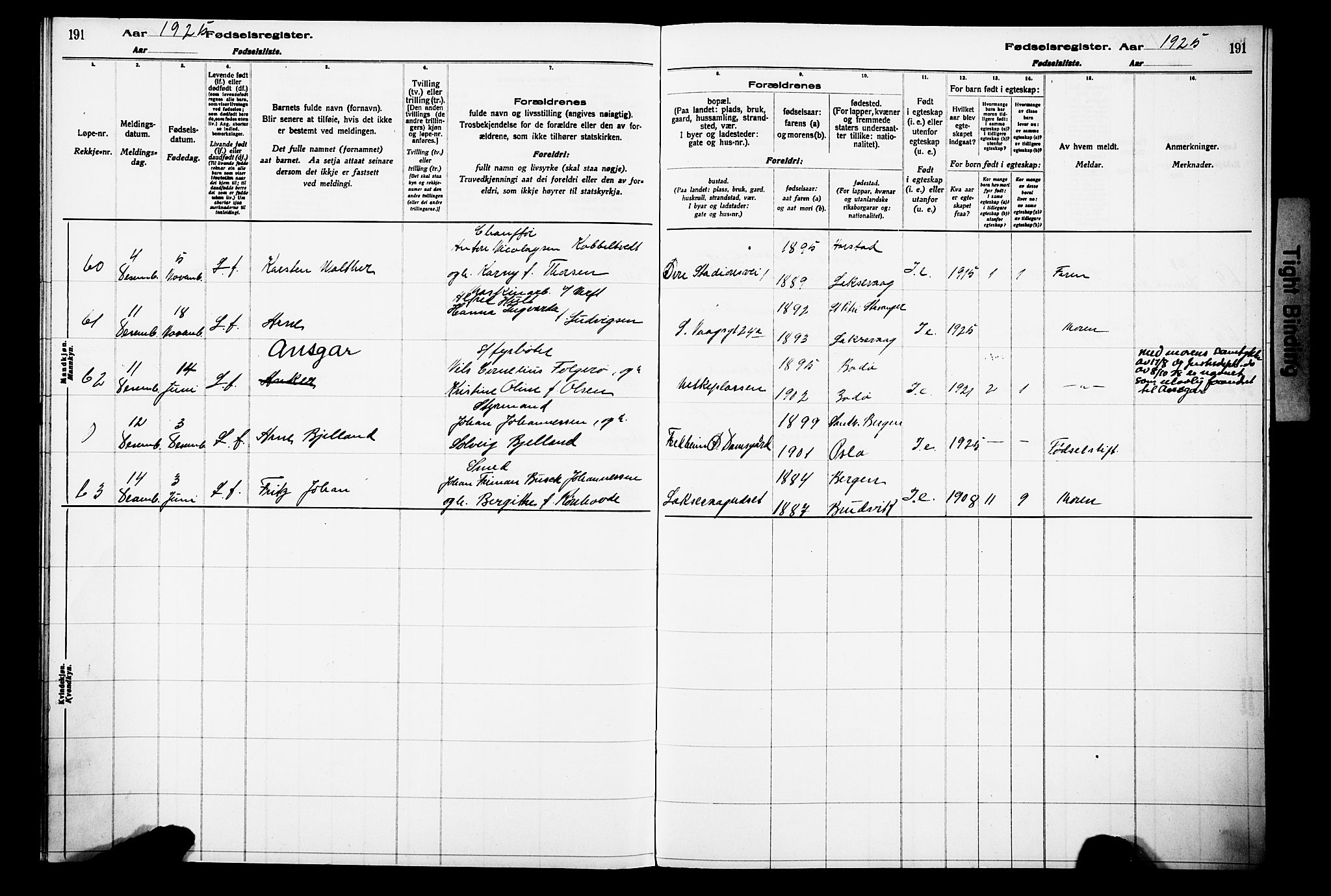 Laksevåg Sokneprestembete, AV/SAB-A-76501/I/Id/L00A1: Birth register no. A 1, 1916-1926, p. 191