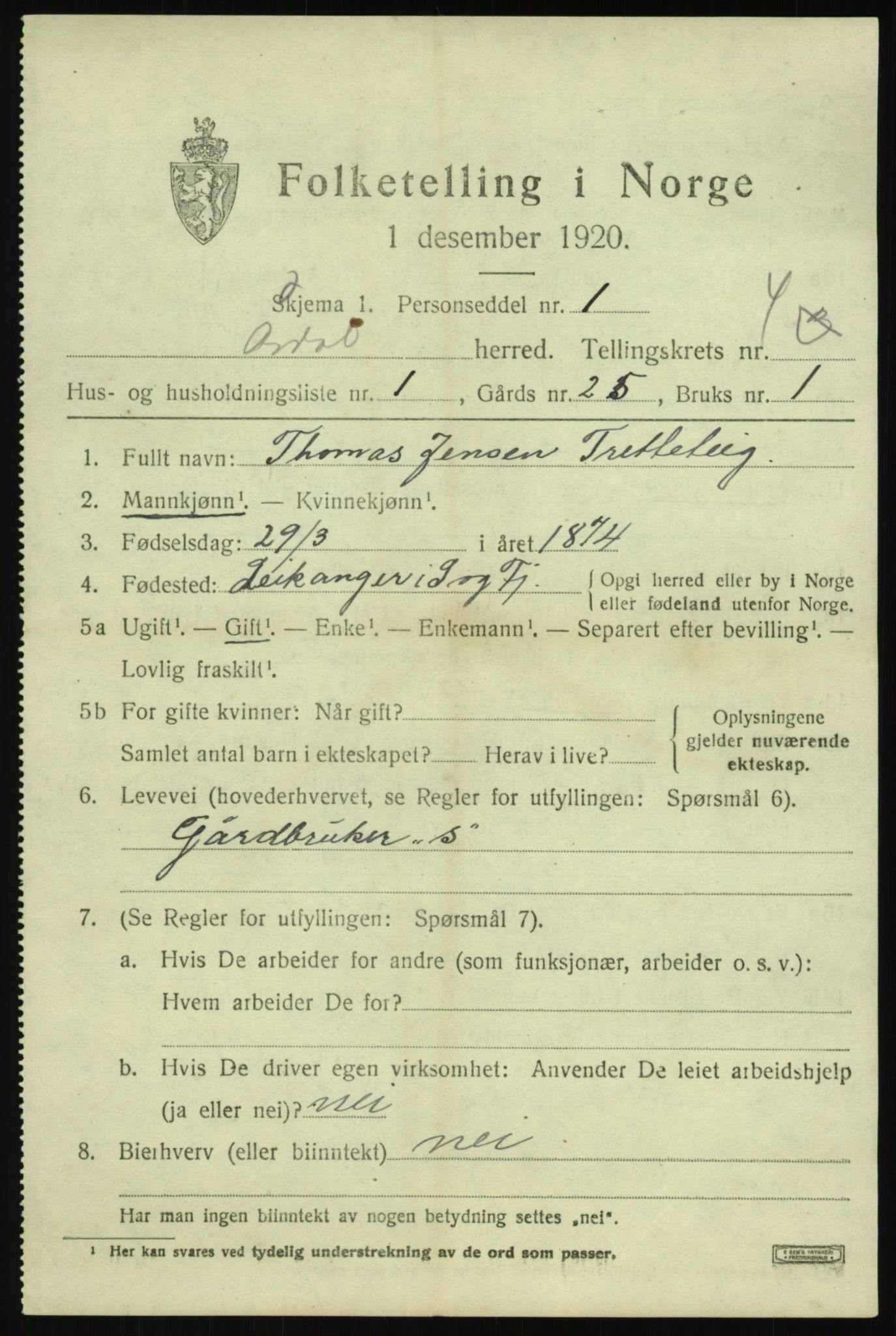 SAB, 1920 census for Årdal, 1920, p. 2607
