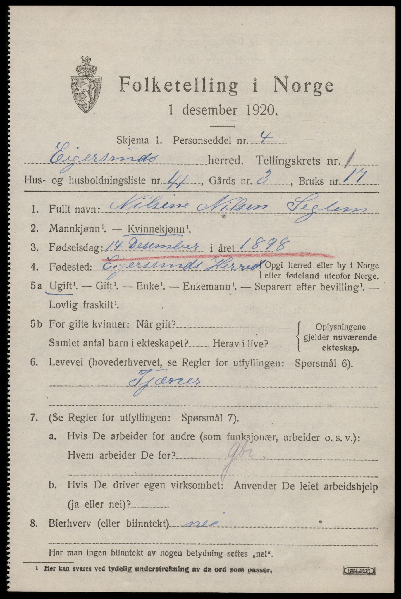 SAST, 1920 census for Eigersund, 1920, p. 1621