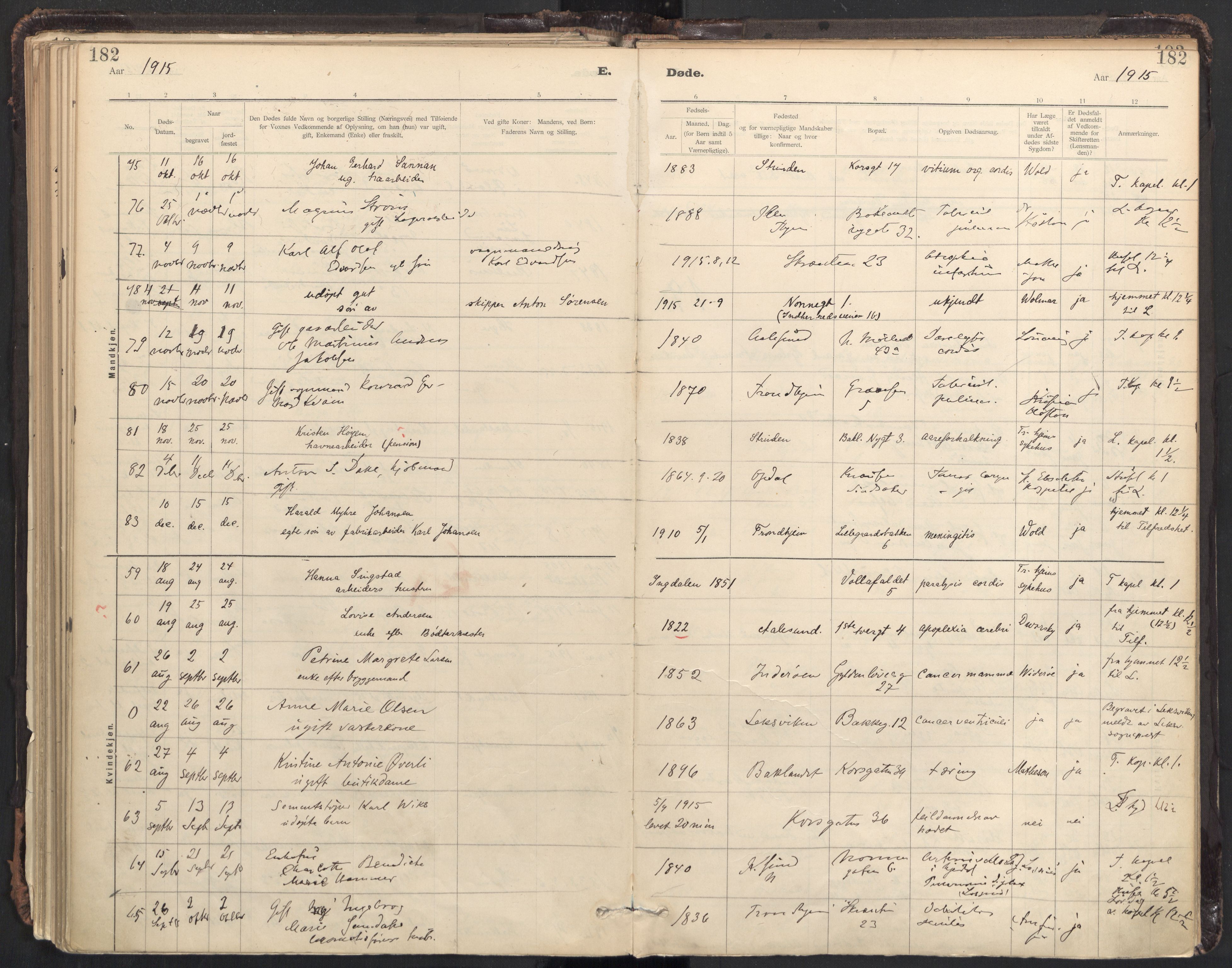 Ministerialprotokoller, klokkerbøker og fødselsregistre - Sør-Trøndelag, SAT/A-1456/604/L0204: Parish register (official) no. 604A24, 1911-1920, p. 182