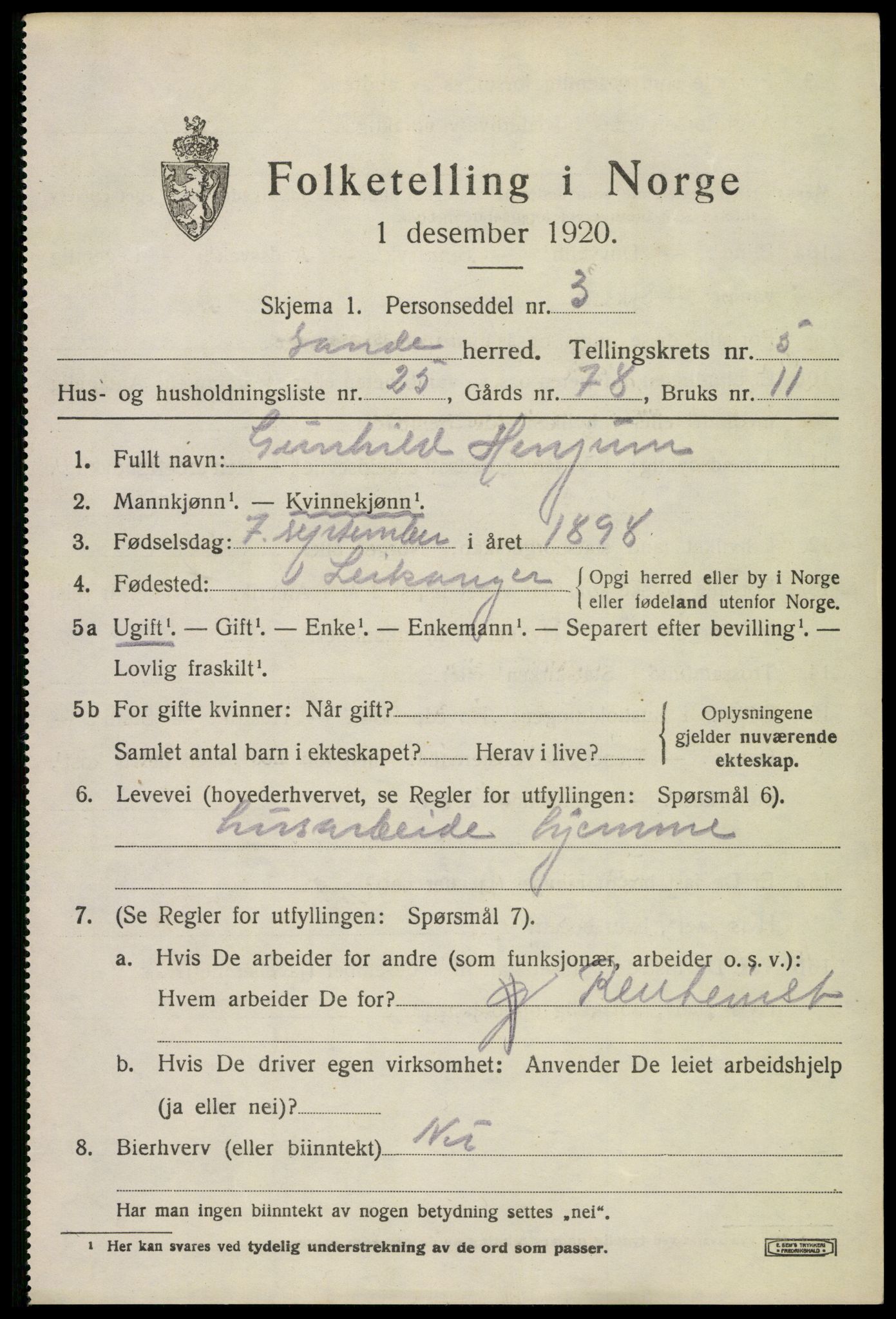 SAKO, 1920 census for Sande, 1920, p. 6406