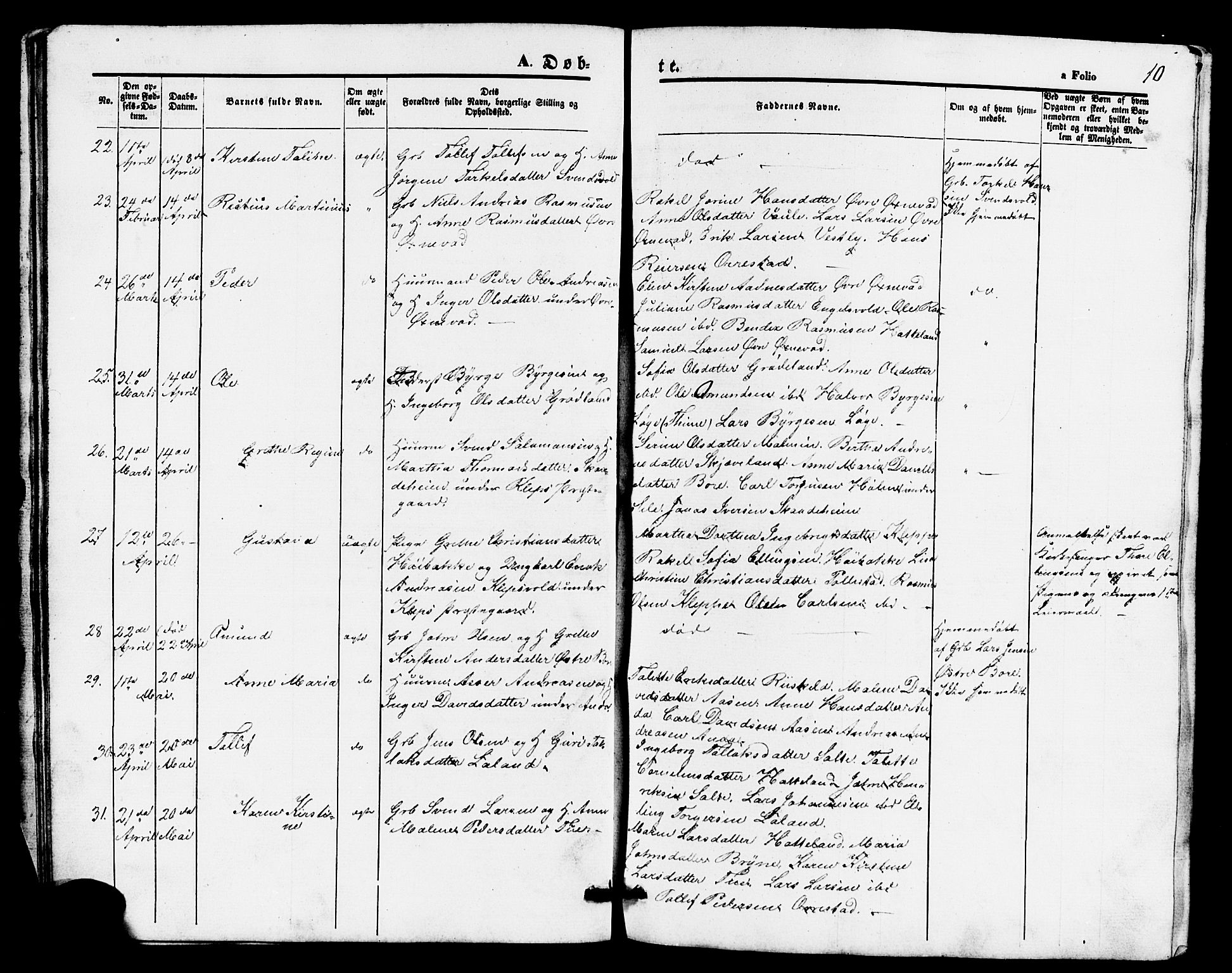 Klepp sokneprestkontor, AV/SAST-A-101803/001/3/30BB/L0002: Parish register (copy) no. B 2, 1860-1875, p. 10