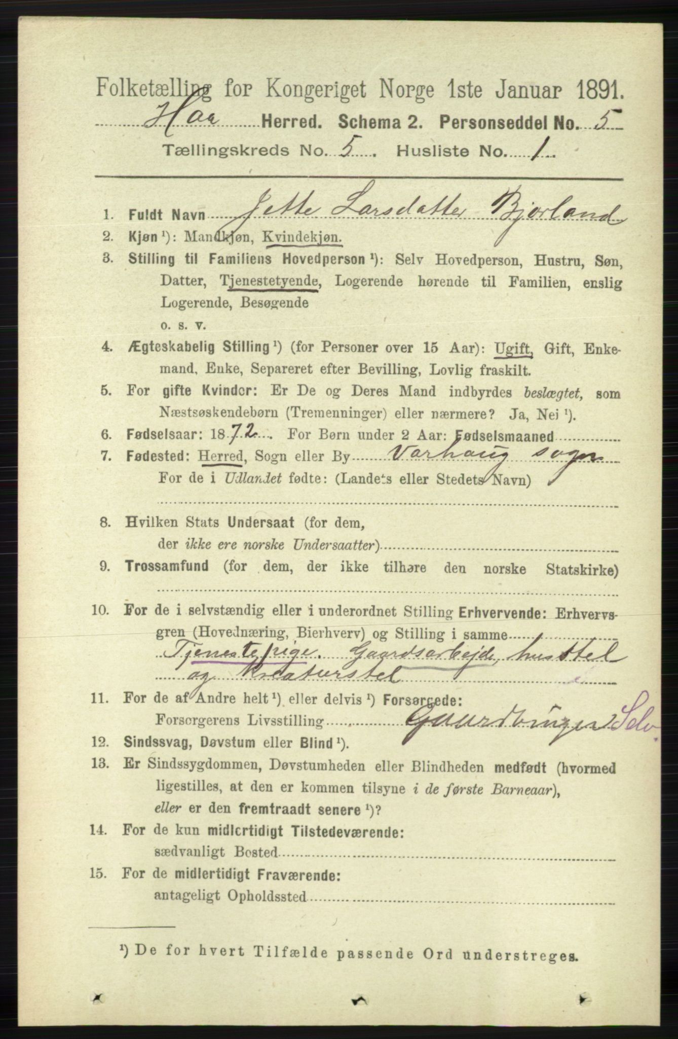 RA, 1891 census for 1119 Hå, 1891, p. 1347