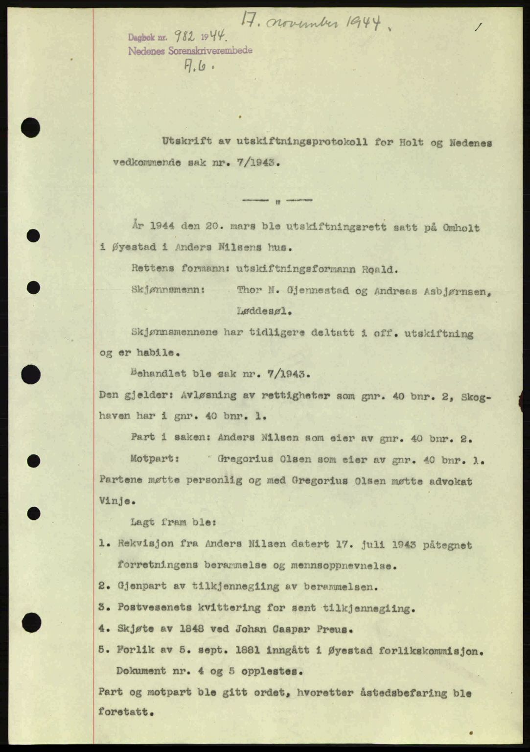 Nedenes sorenskriveri, SAK/1221-0006/G/Gb/Gba/L0052: Mortgage book no. A6a, 1944-1945, Diary no: : 982/1944