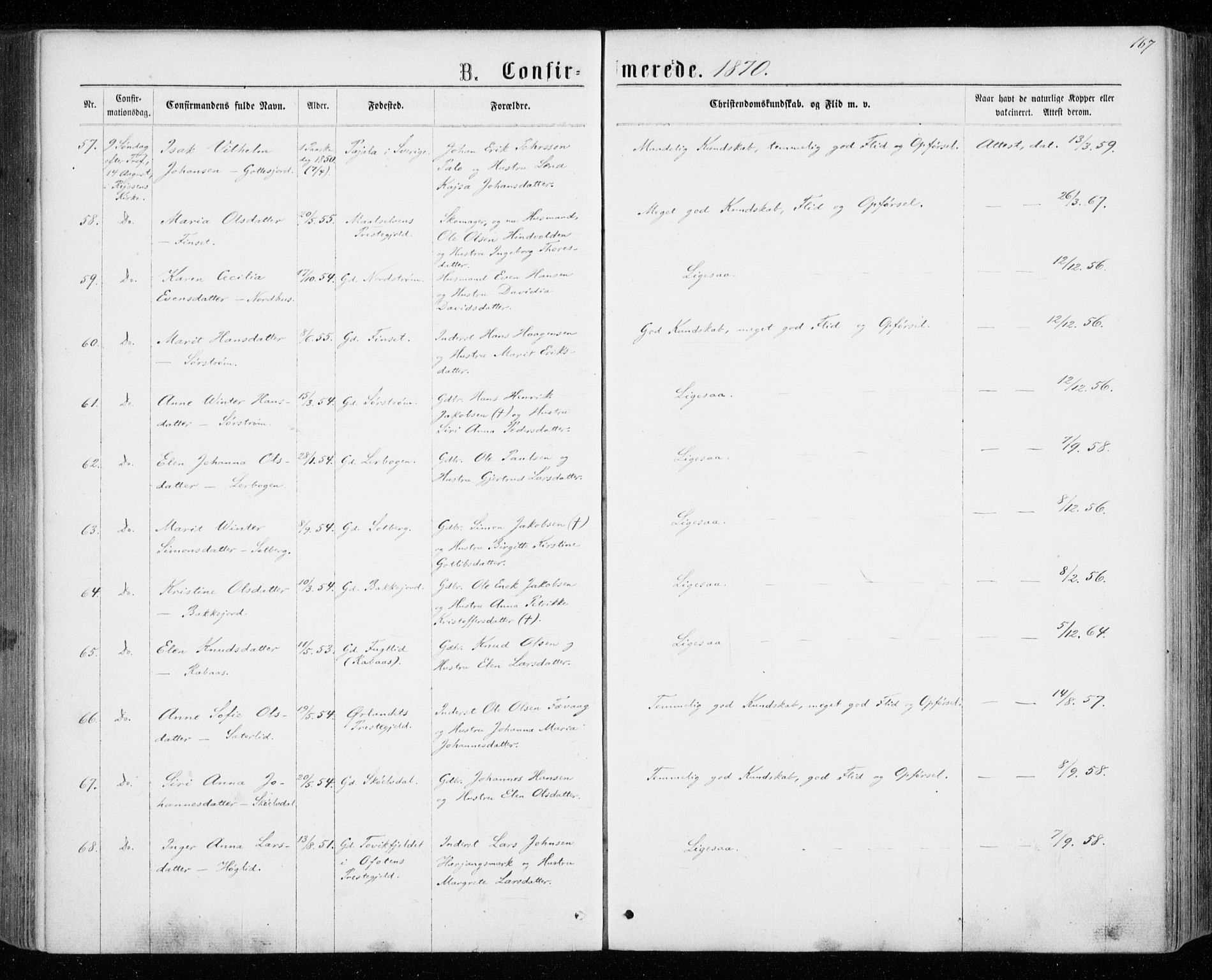 Tranøy sokneprestkontor, AV/SATØ-S-1313/I/Ia/Iaa/L0008kirke: Parish register (official) no. 8, 1867-1877, p. 167