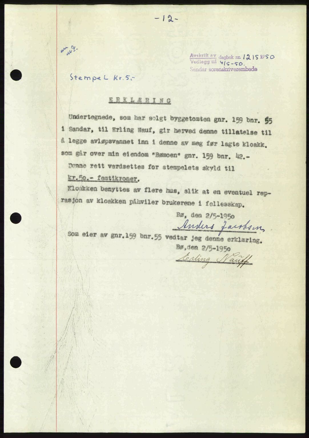 Sandar sorenskriveri, AV/SAKO-A-86/G/Ga/Gaa/L0021: Mortgage book no. A-21, 1950-1950, Diary no: : 1215/1950
