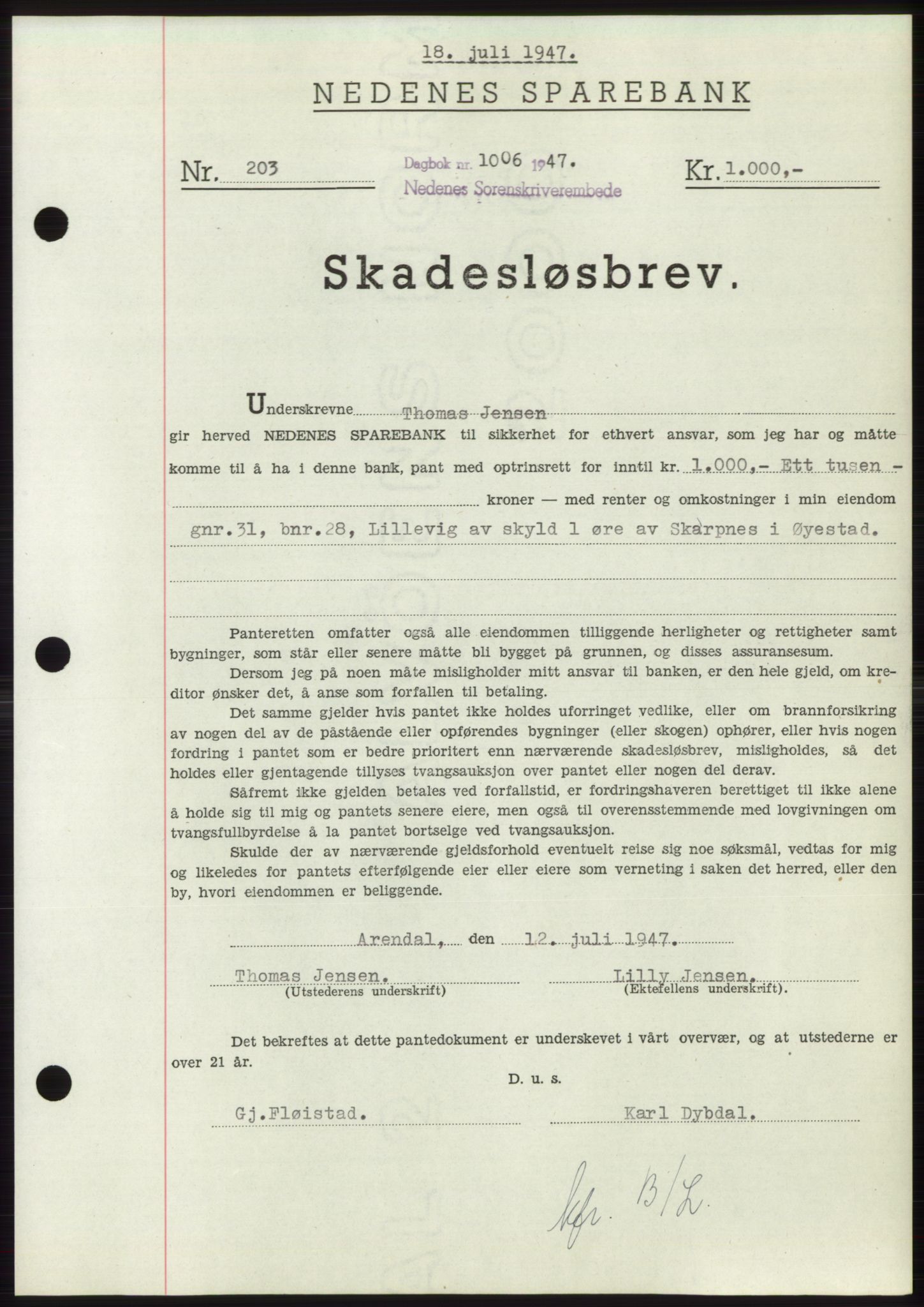 Nedenes sorenskriveri, AV/SAK-1221-0006/G/Gb/Gbb/L0004: Mortgage book no. B4, 1947-1947, Diary no: : 1006/1947