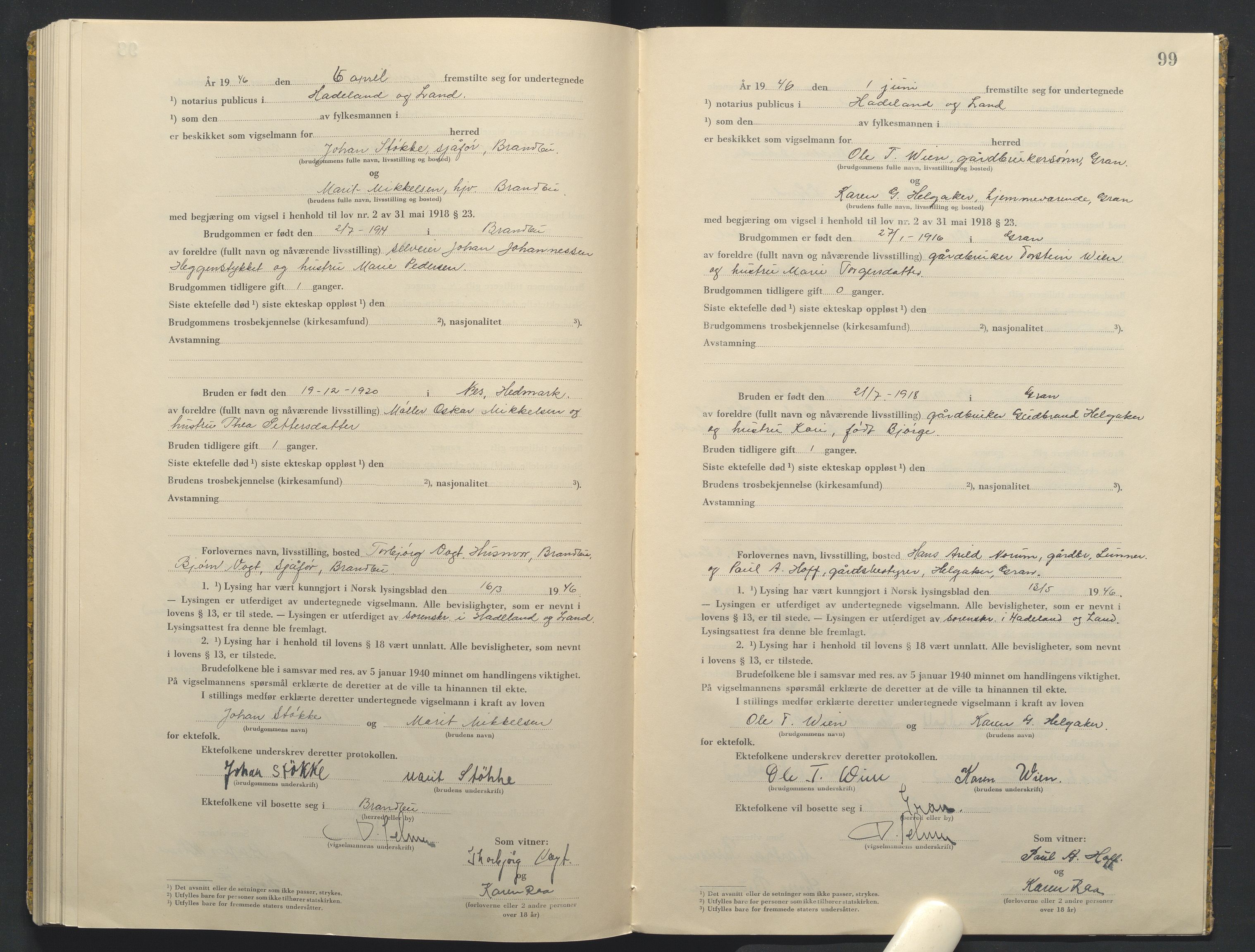 Hadeland og Land tingrett, AV/SAH-TING-010/L/Lb/L0003: Vigselbok, 1944-1946, p. 99
