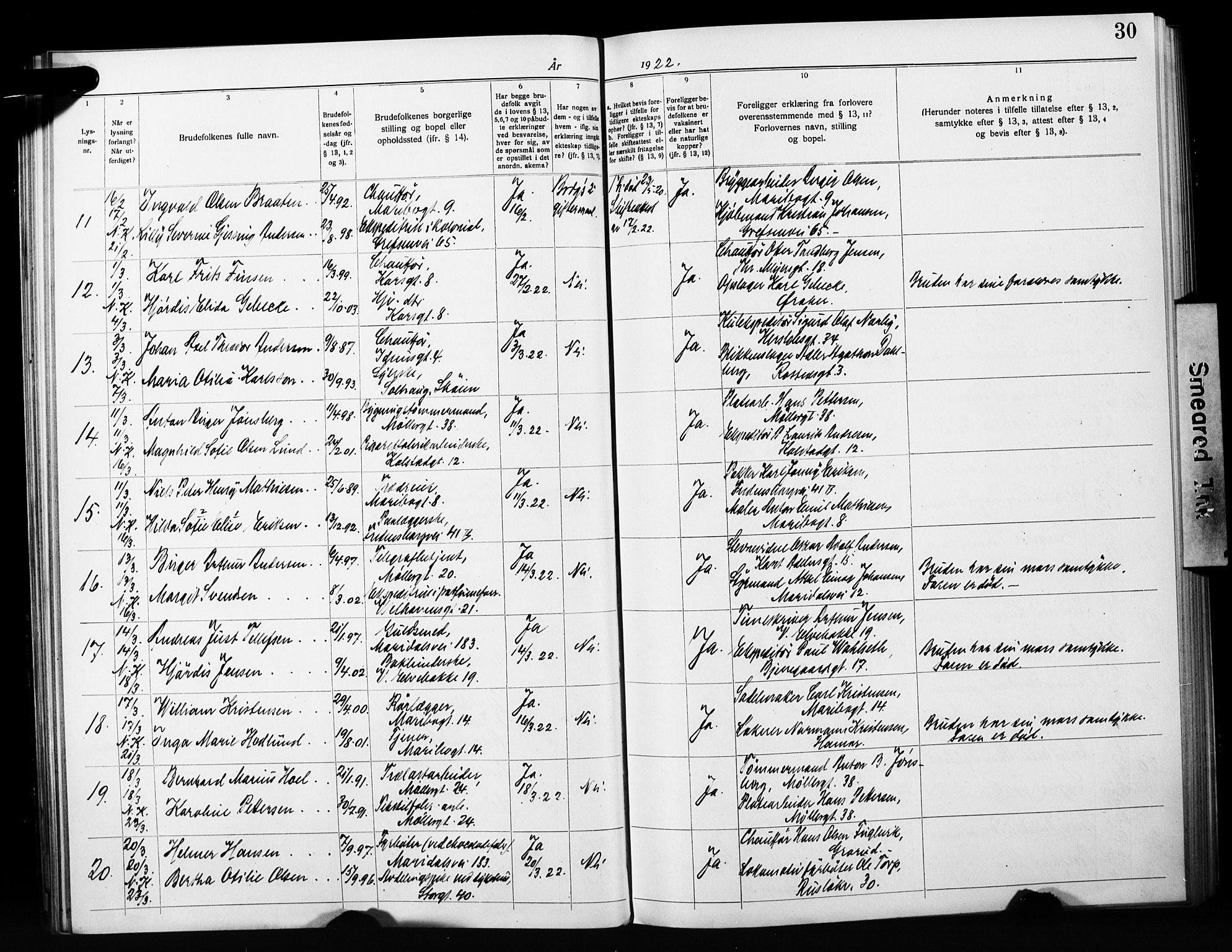 Jakob prestekontor Kirkebøker, AV/SAO-A-10850/H/Ha/L0003: Banns register no. 3, 1919-1931, p. 30