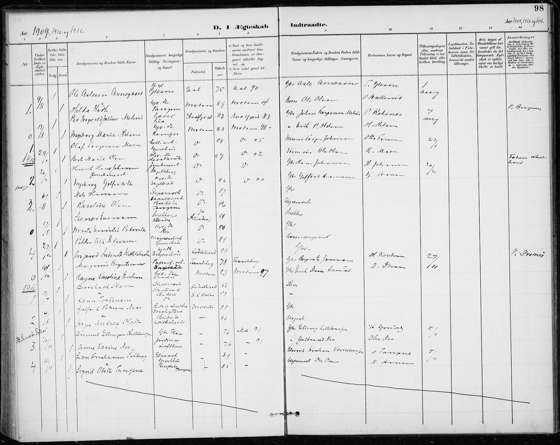 Modum kirkebøker, AV/SAKO-A-234/F/Fa/L0020: Parish register (official) no. 20, 1900-1917, p. 98