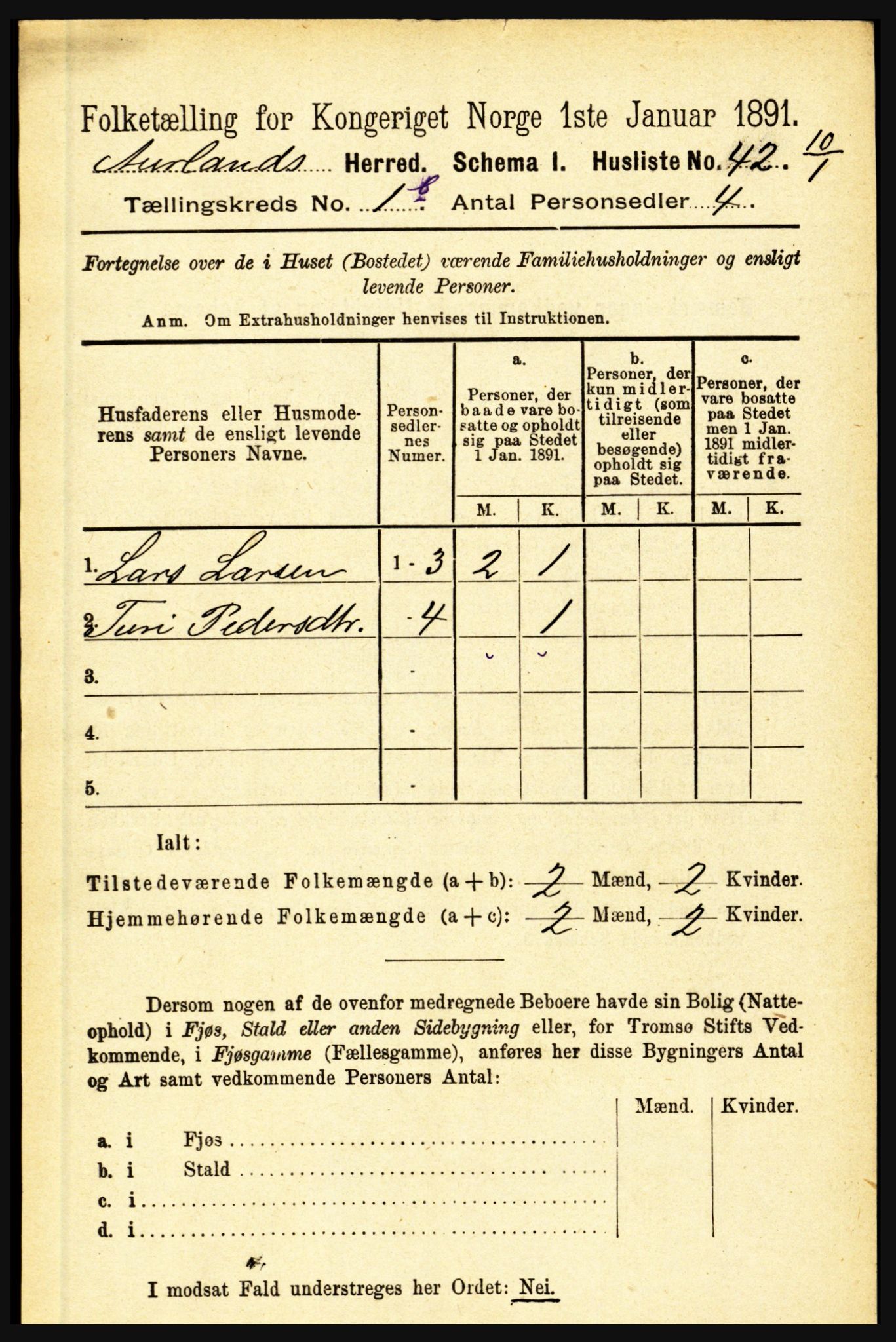 RA, 1891 census for 1421 Aurland, 1891, p. 151