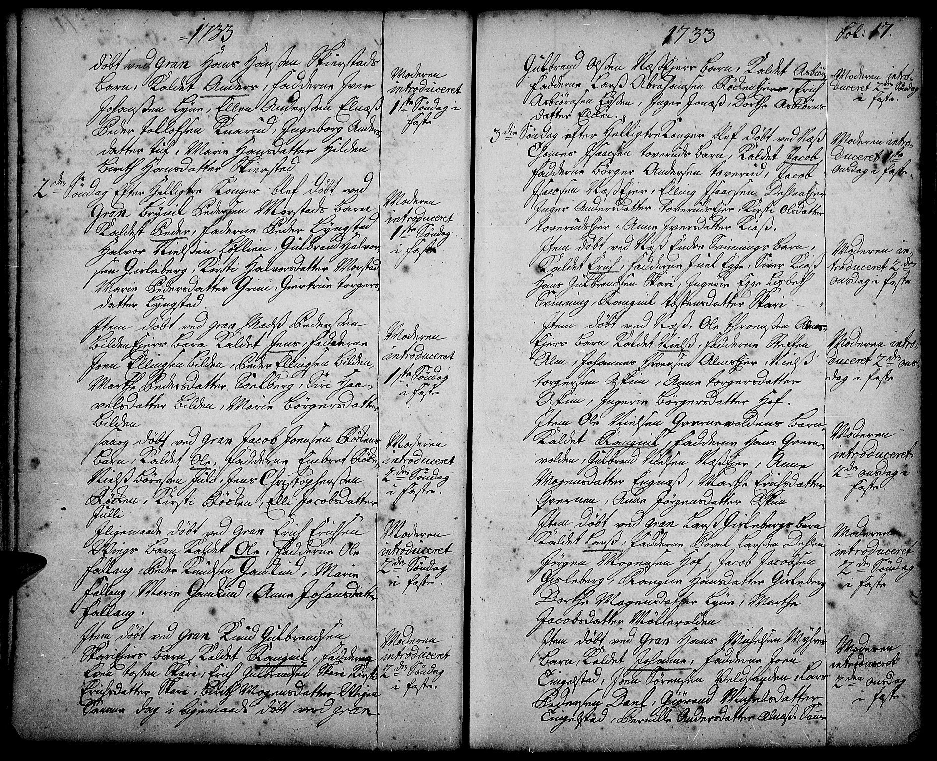 Gran prestekontor, SAH/PREST-112/H/Ha/Haa/L0002: Parish register (official) no. 2, 1732-1744, p. 17