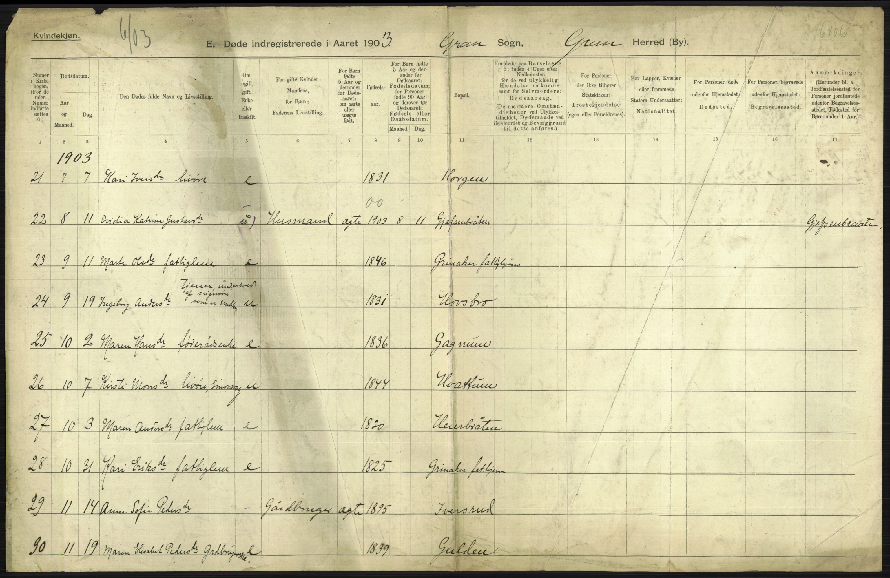 Statistisk sentralbyrå, Sosiodemografiske emner, Befolkning, AV/RA-S-2228/D/Df/Dfa/Dfaa/L0006: Kristians amt: Fødte, gifte, døde, 1903, p. 589