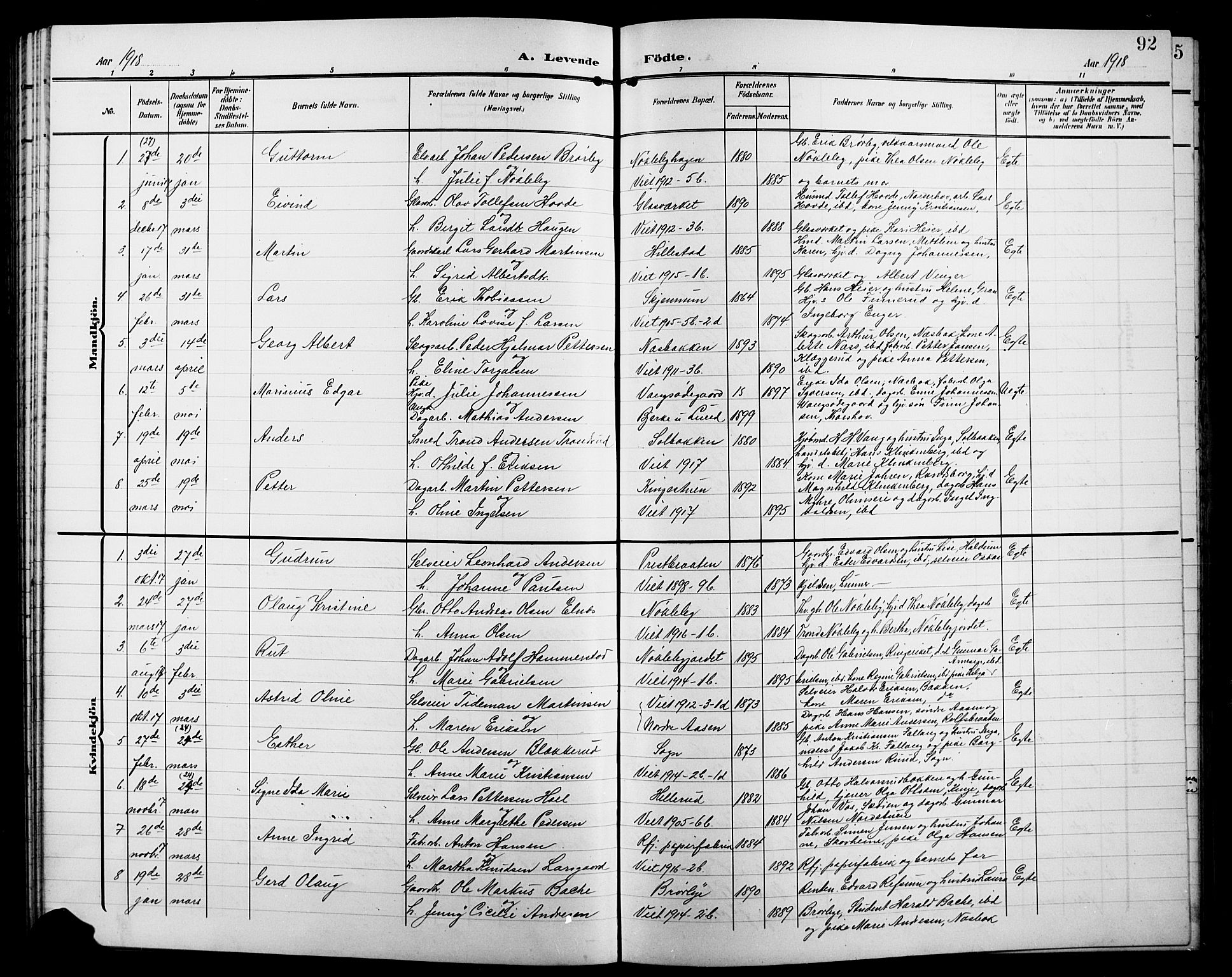 Jevnaker prestekontor, SAH/PREST-116/H/Ha/Hab/L0004: Parish register (copy) no. 4, 1907-1918, p. 92