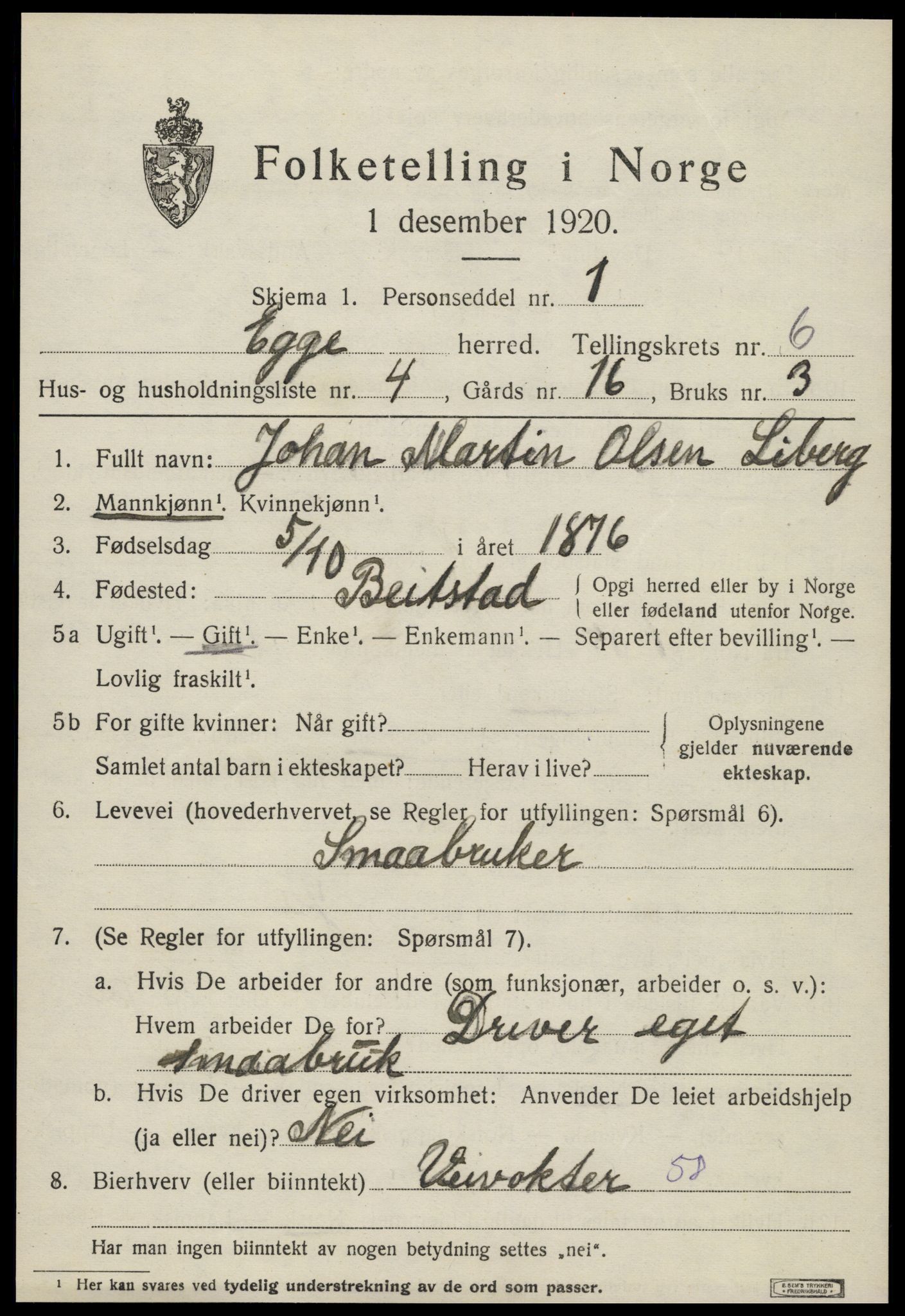 SAT, 1920 census for Egge, 1920, p. 3862