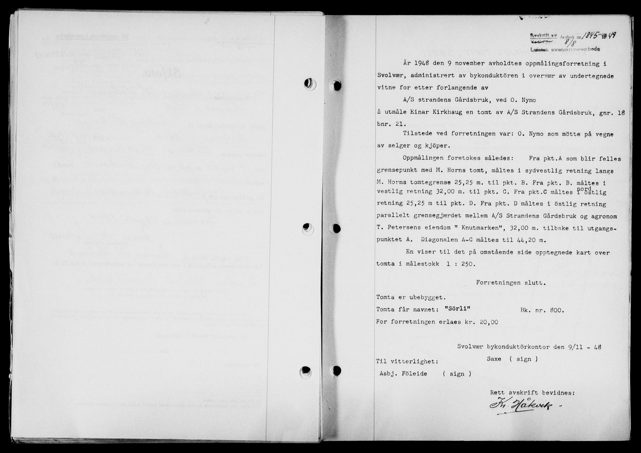 Lofoten sorenskriveri, SAT/A-0017/1/2/2C/L0021a: Mortgage book no. 21a, 1949-1949, Diary no: : 1845/1949