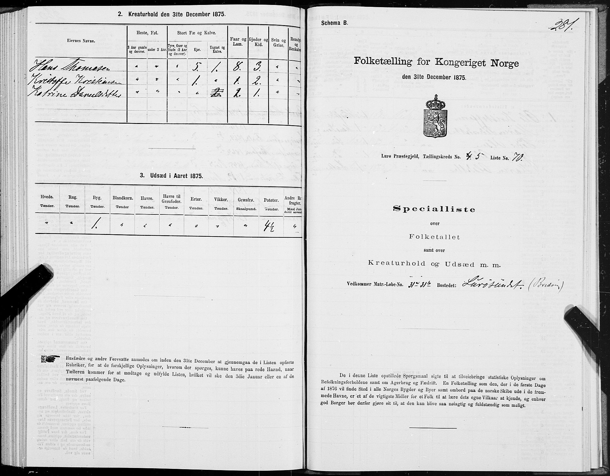 SAT, 1875 census for 1834P Lurøy, 1875, p. 3281