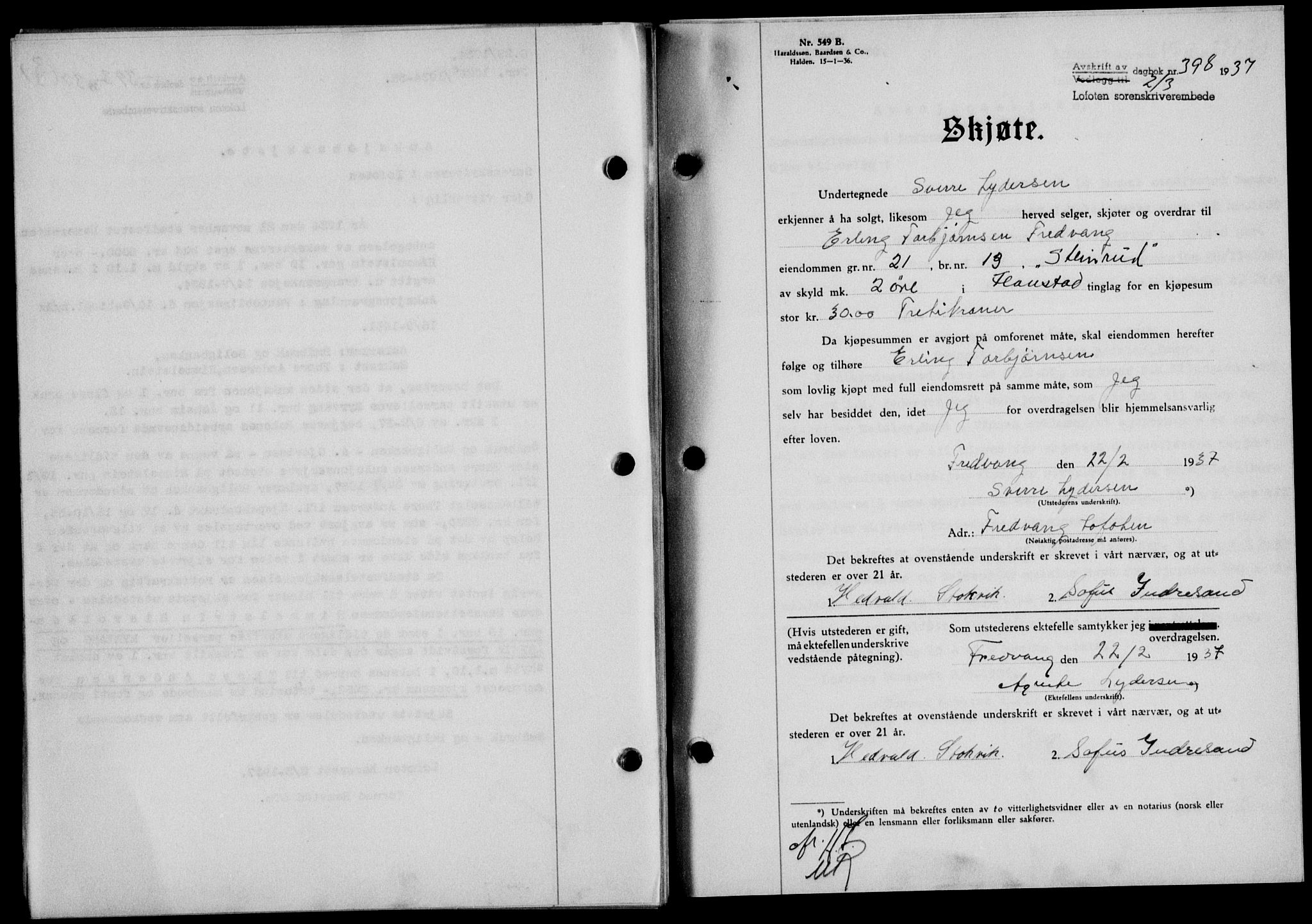 Lofoten sorenskriveri, SAT/A-0017/1/2/2C/L0001a: Mortgage book no. 1a, 1936-1937, Diary no: : 398/1937