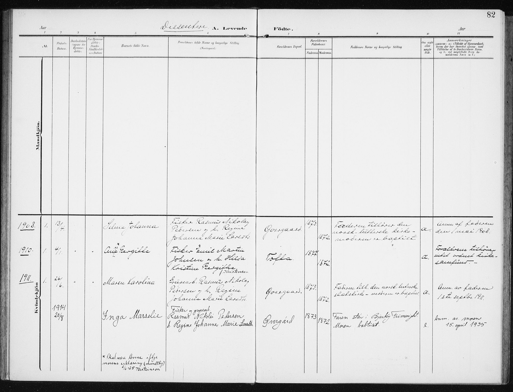 Sand/Bjarkøy sokneprestkontor, AV/SATØ-S-0811/I/Ia/Iaa/L0005kirke: Parish register (official) no. 5, 1905-1914, p. 82
